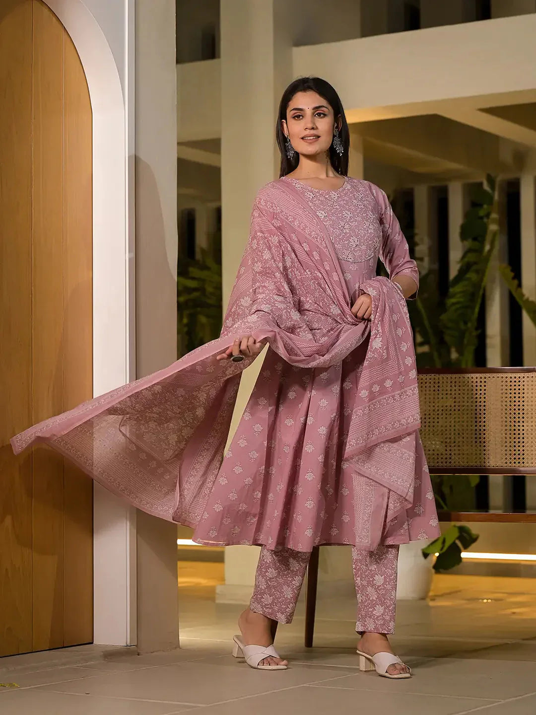 Yufta Pink Floral Print Cotton Anarkali Style Kurta With Trousers With Dupatta Set