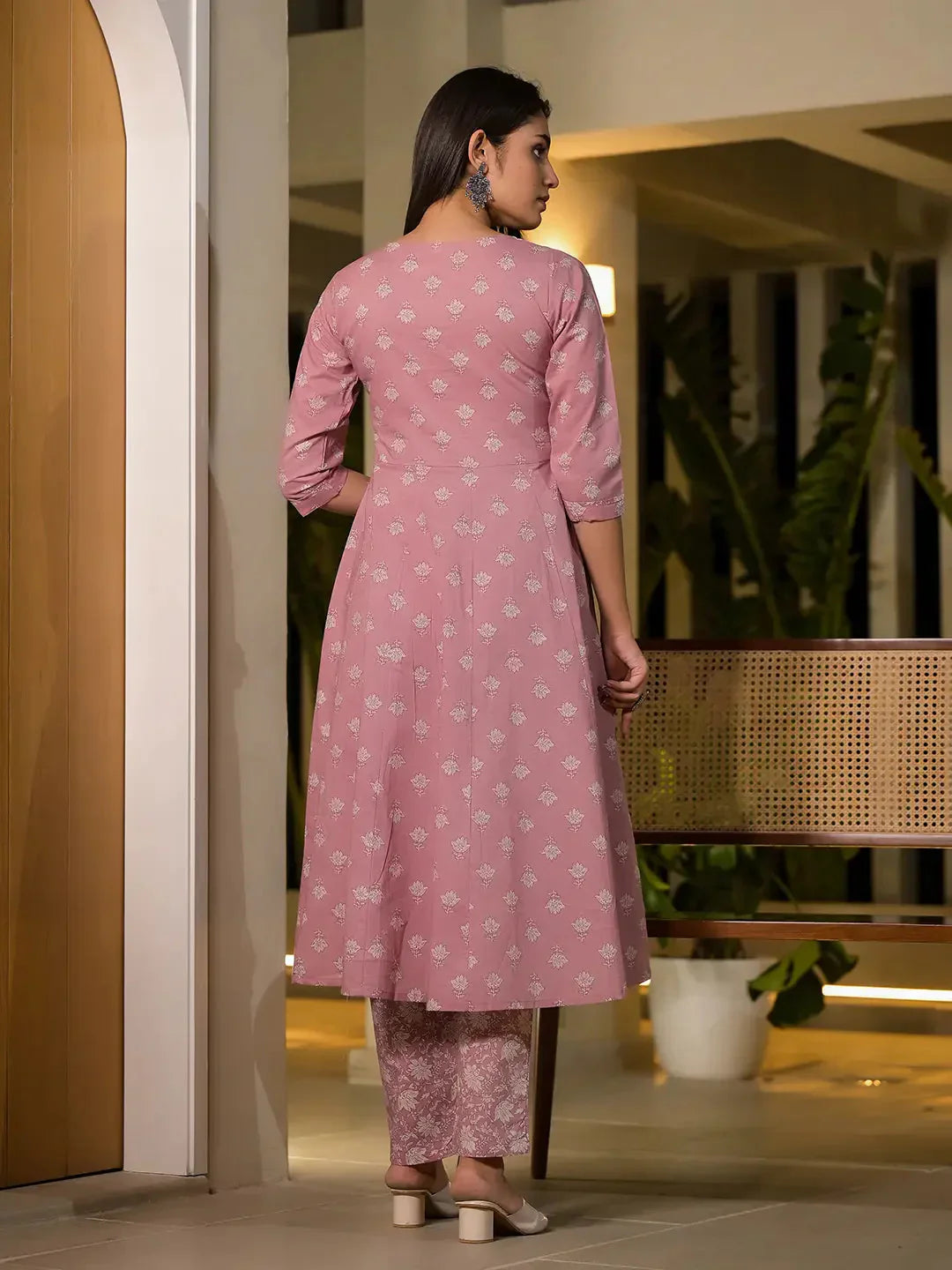 Yufta Pink Floral Print Cotton Anarkali Style Kurta With Trousers With Dupatta Set