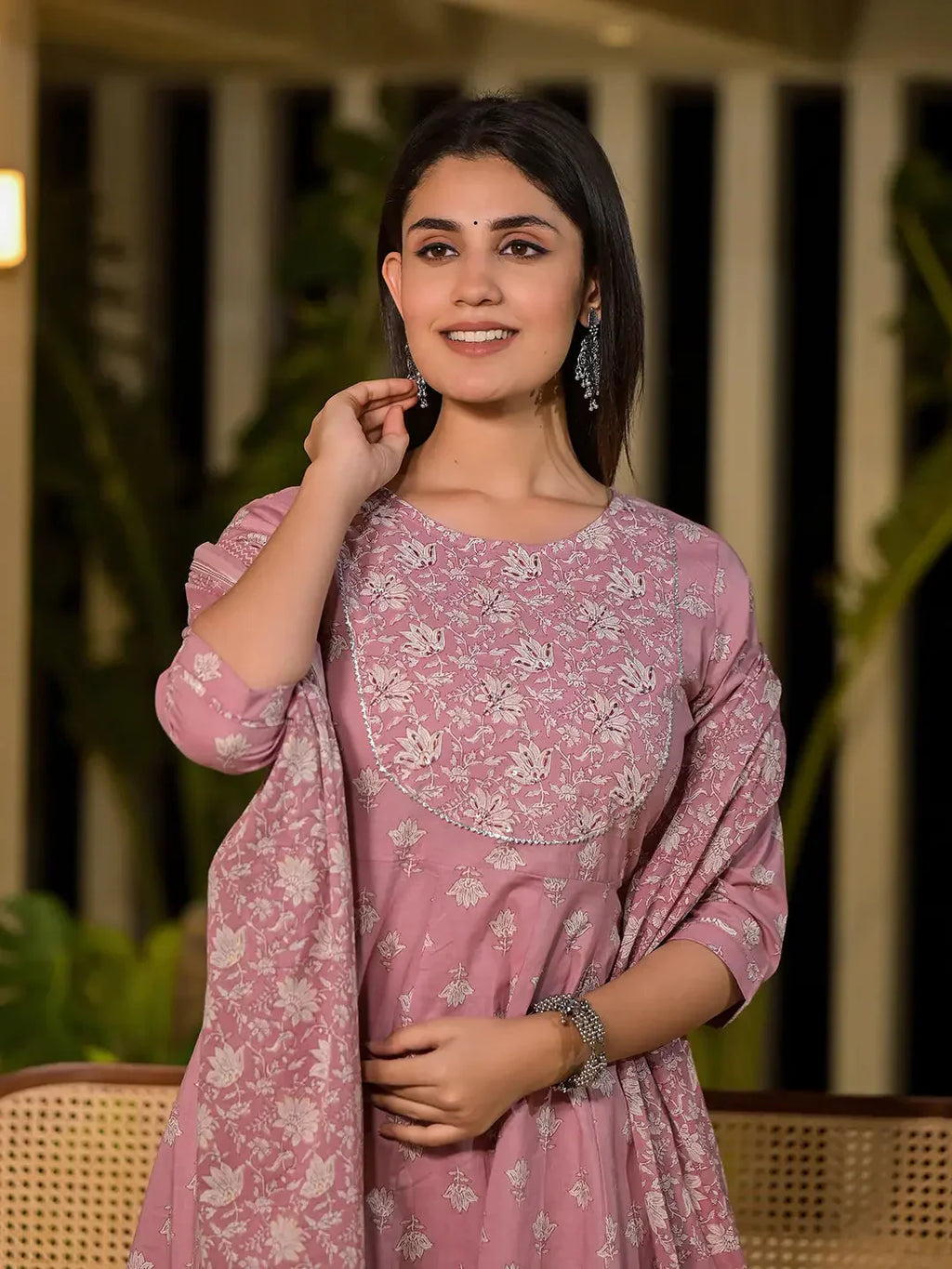 Yufta Pink Floral Print Cotton Anarkali Style Kurta With Trousers With Dupatta Set