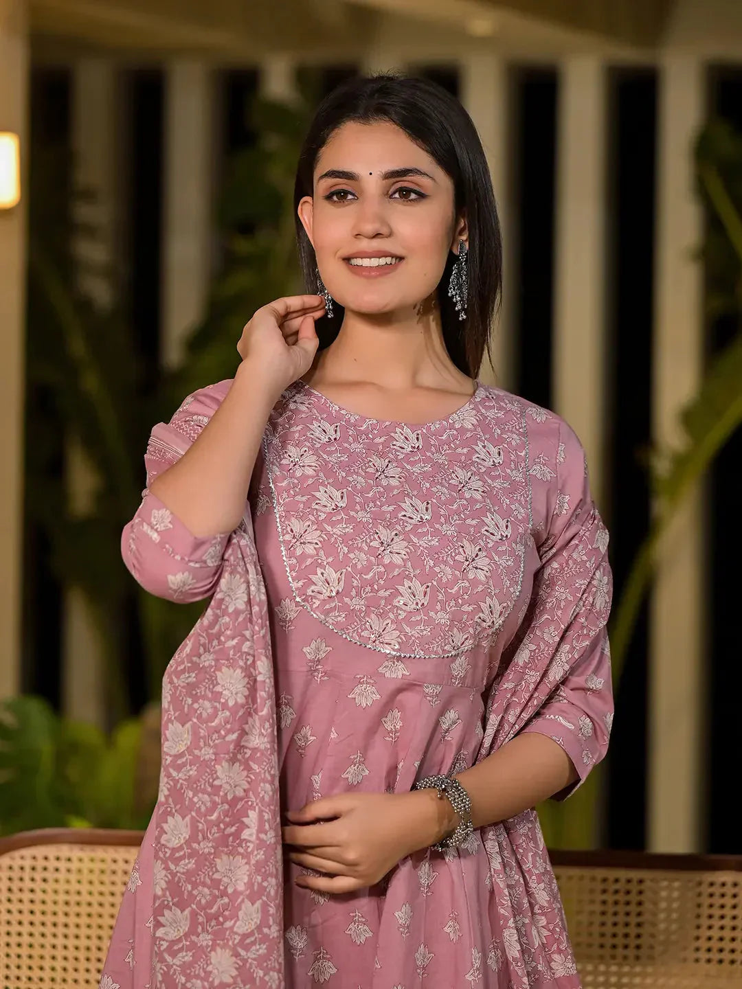Yufta Pink Floral Print Cotton Anarkali Style Kurta With Trousers With Dupatta Set