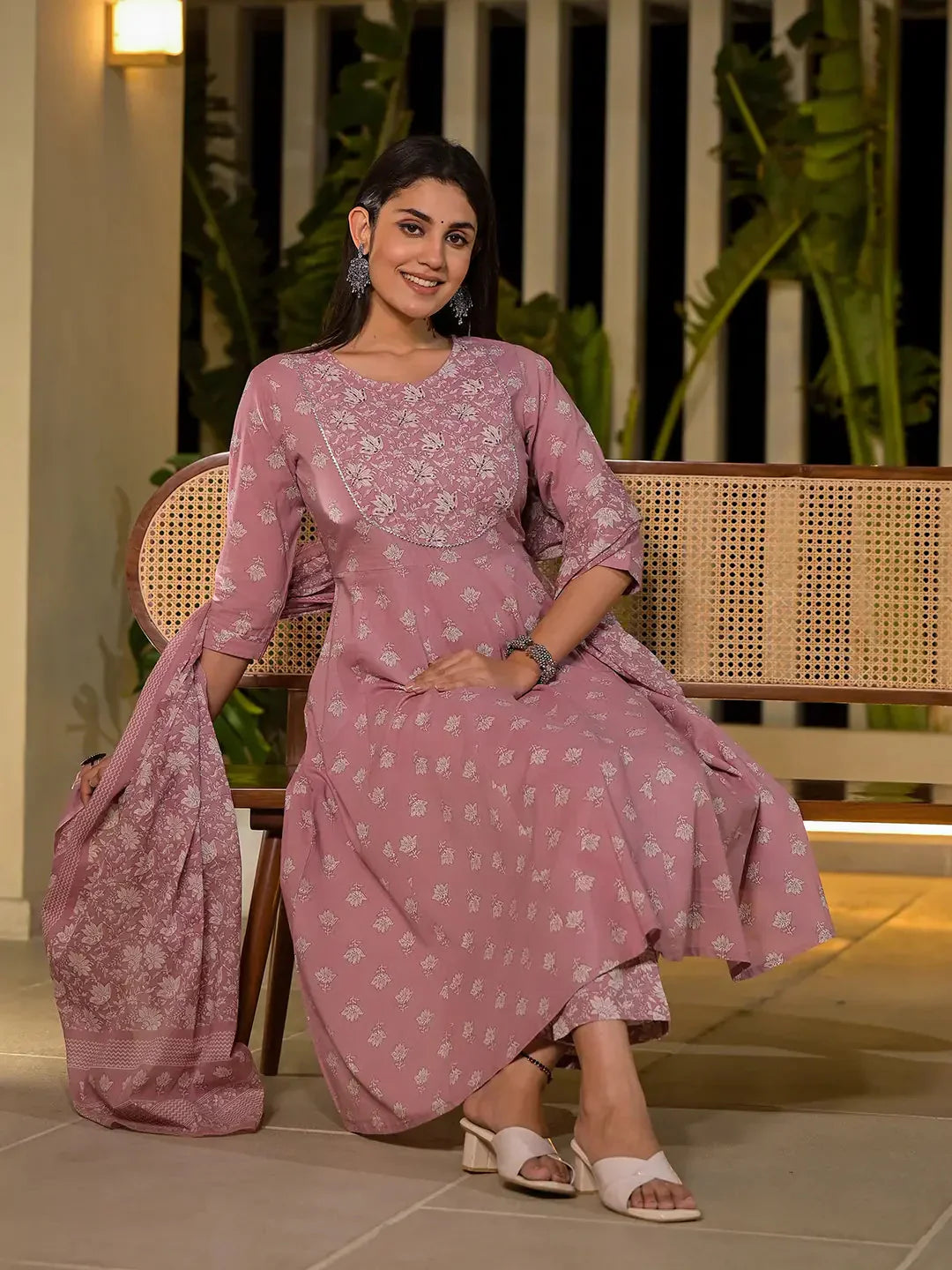 Yufta Pink Floral Print Cotton Anarkali Style Kurta With Trousers With Dupatta Set
