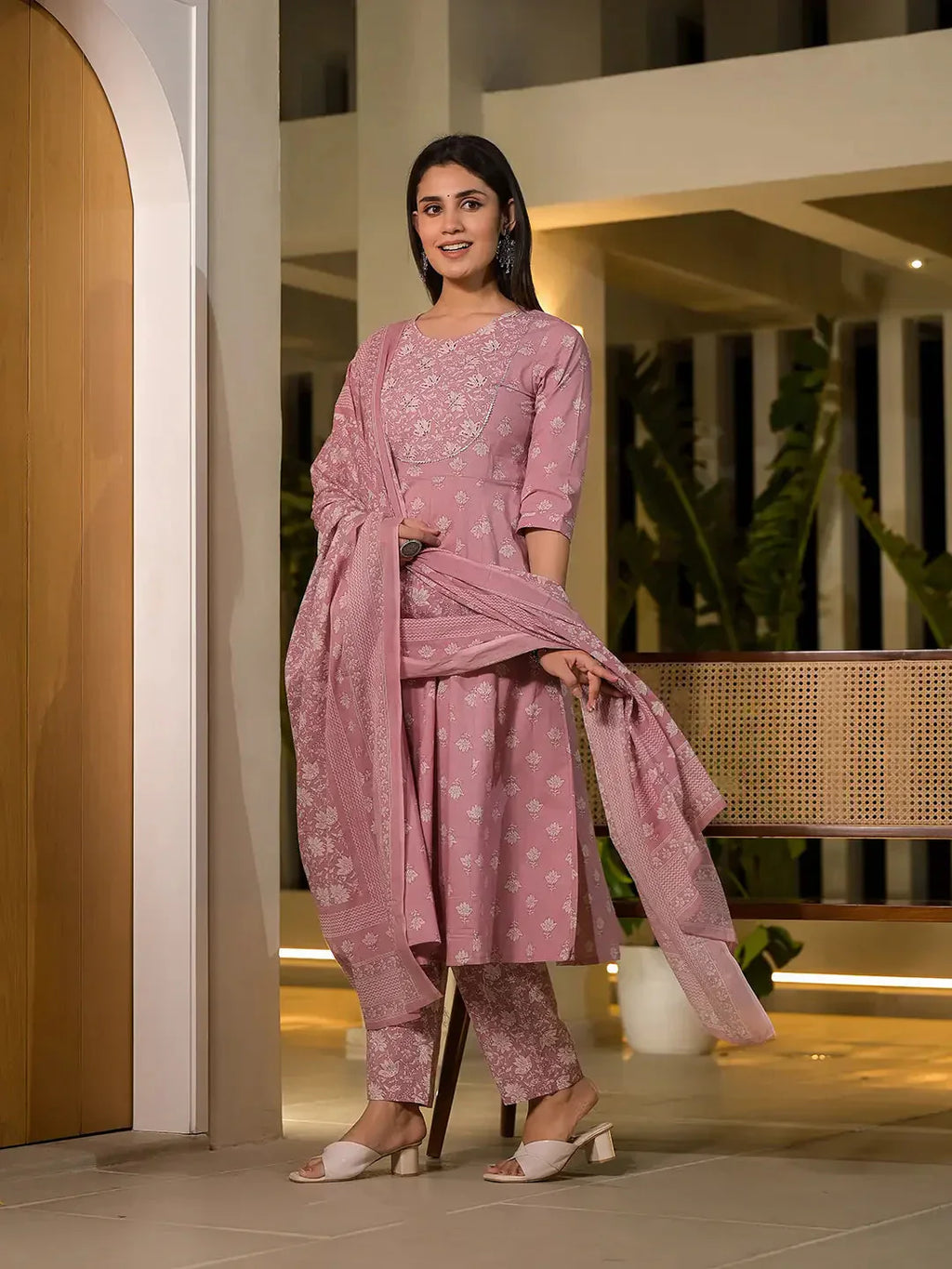 Yufta Pink Floral Print Cotton Anarkali Style Kurta With Trousers With Dupatta Set