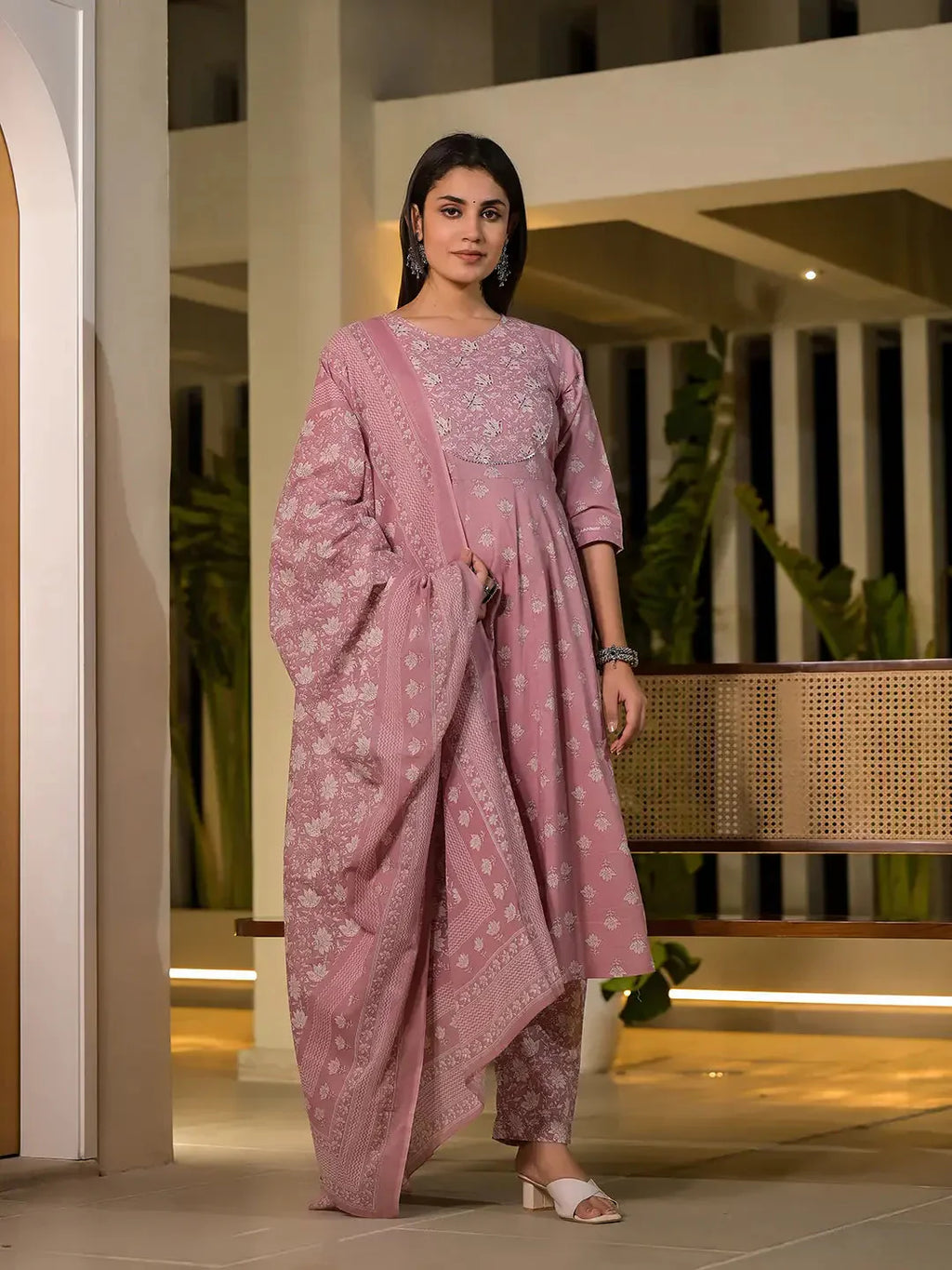 Yufta Pink Floral Print Cotton Anarkali Style Kurta With Trousers With Dupatta Set