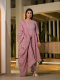 Yufta Pink Floral Print Cotton Anarkali Style Kurta With Trousers With Dupatta Set