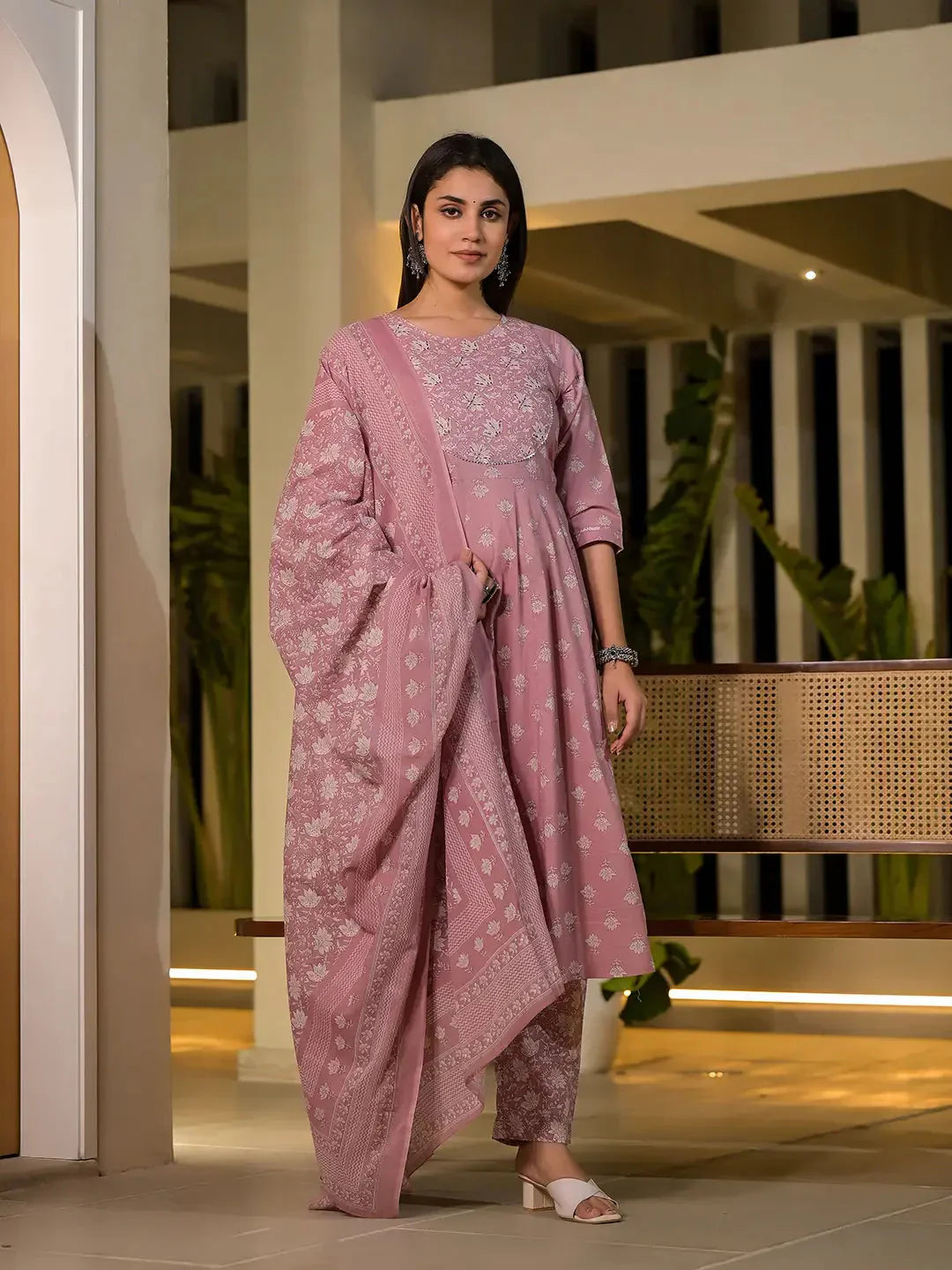 Yufta Pink Floral Print Cotton Anarkali Style Kurta With Trousers With Dupatta Set