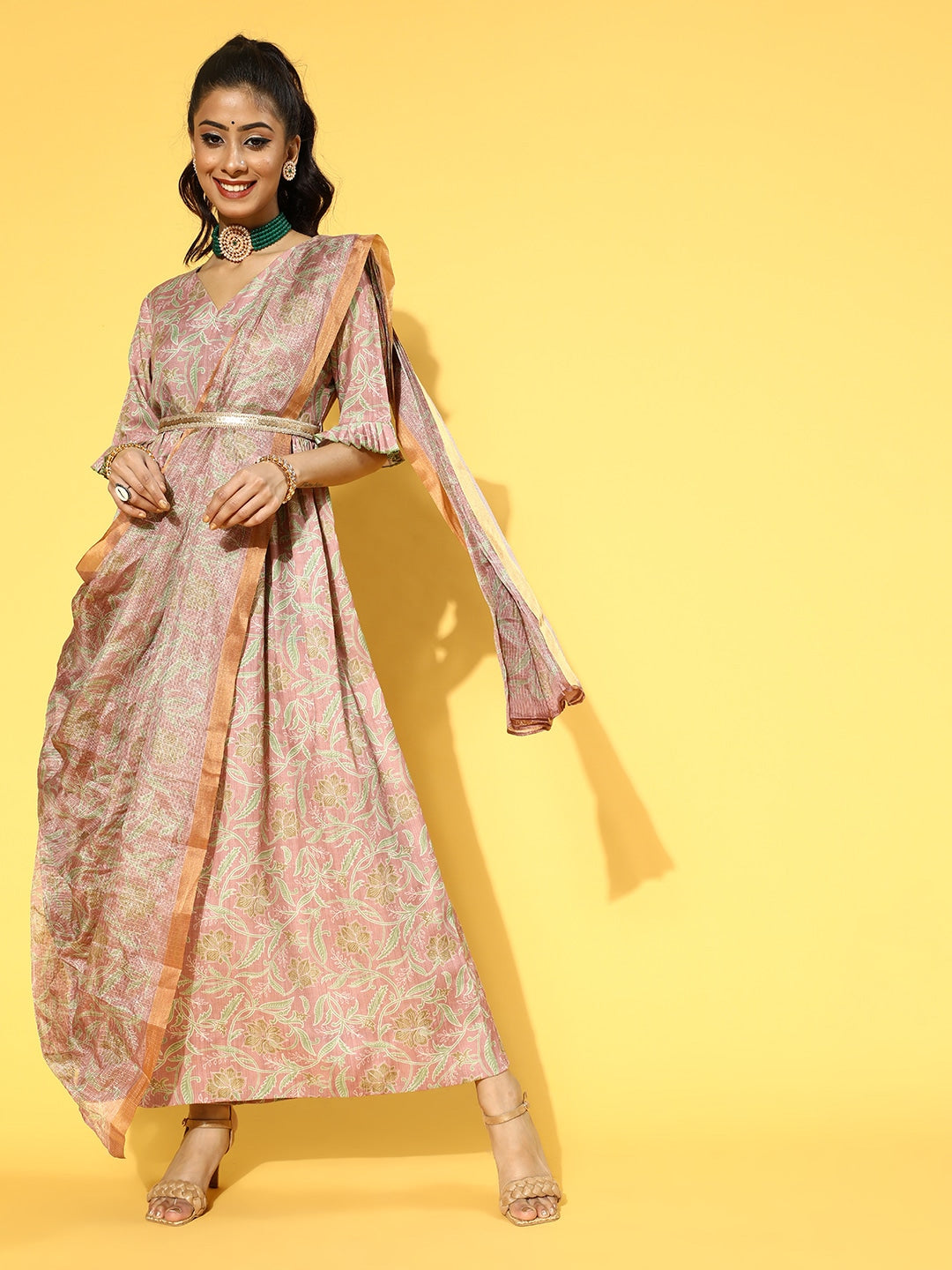 Yufta Pink & Green Floral Print Dress with Dupatta
