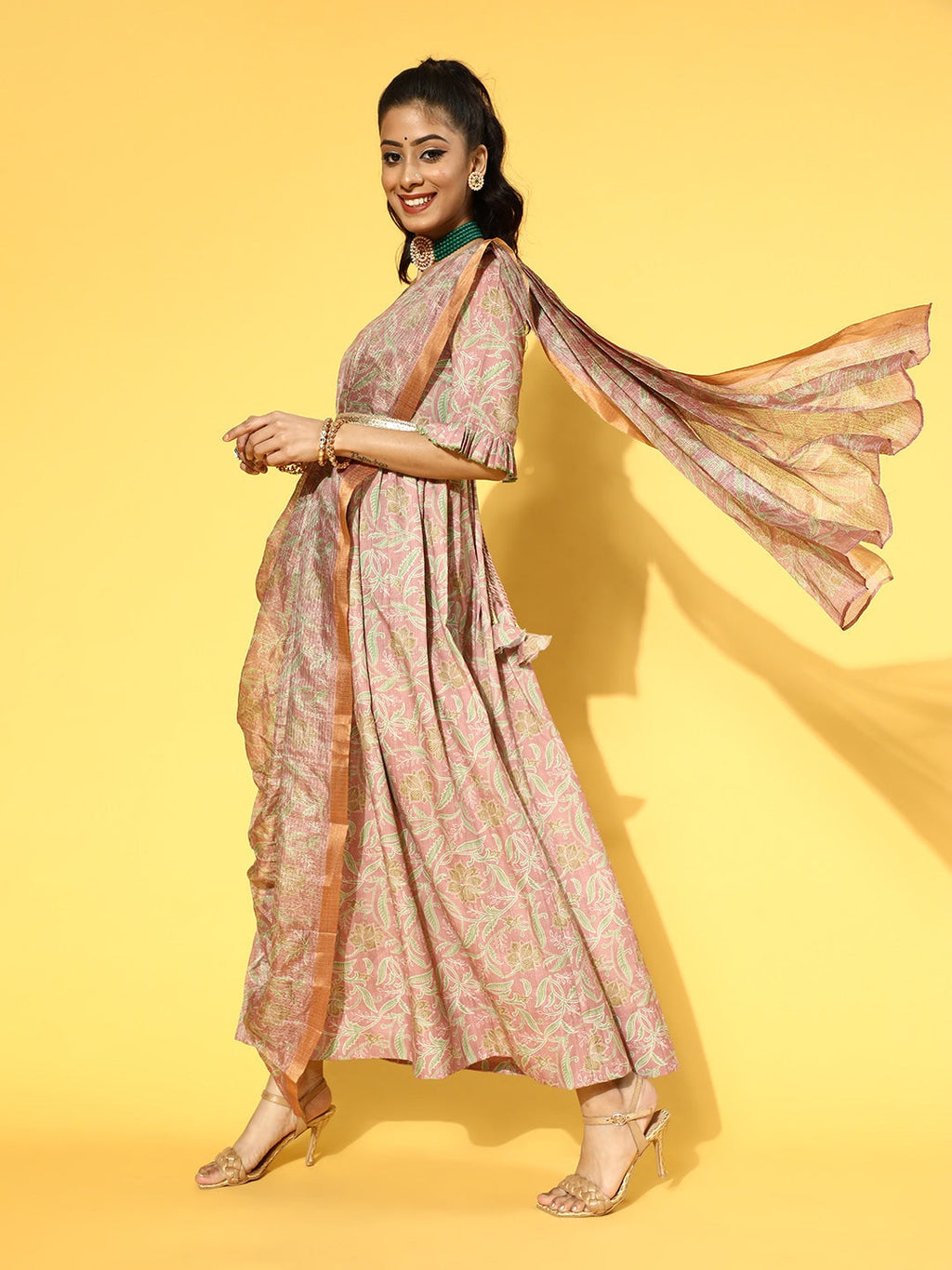 Yufta Pink & Green Floral Print Dress with Dupatta