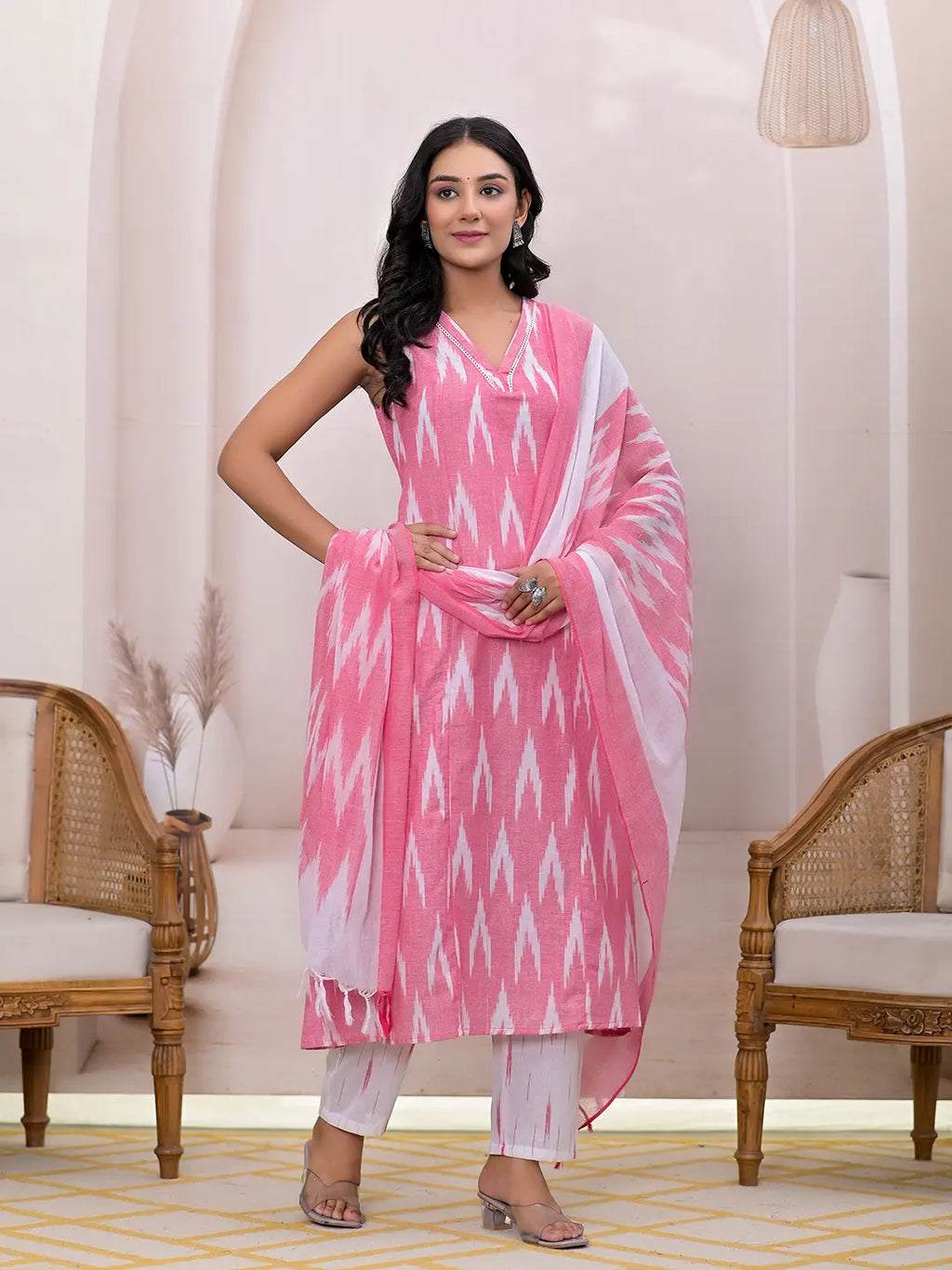 Yufta Pink Ikat Print Pure Cotton A-Line Suit Set