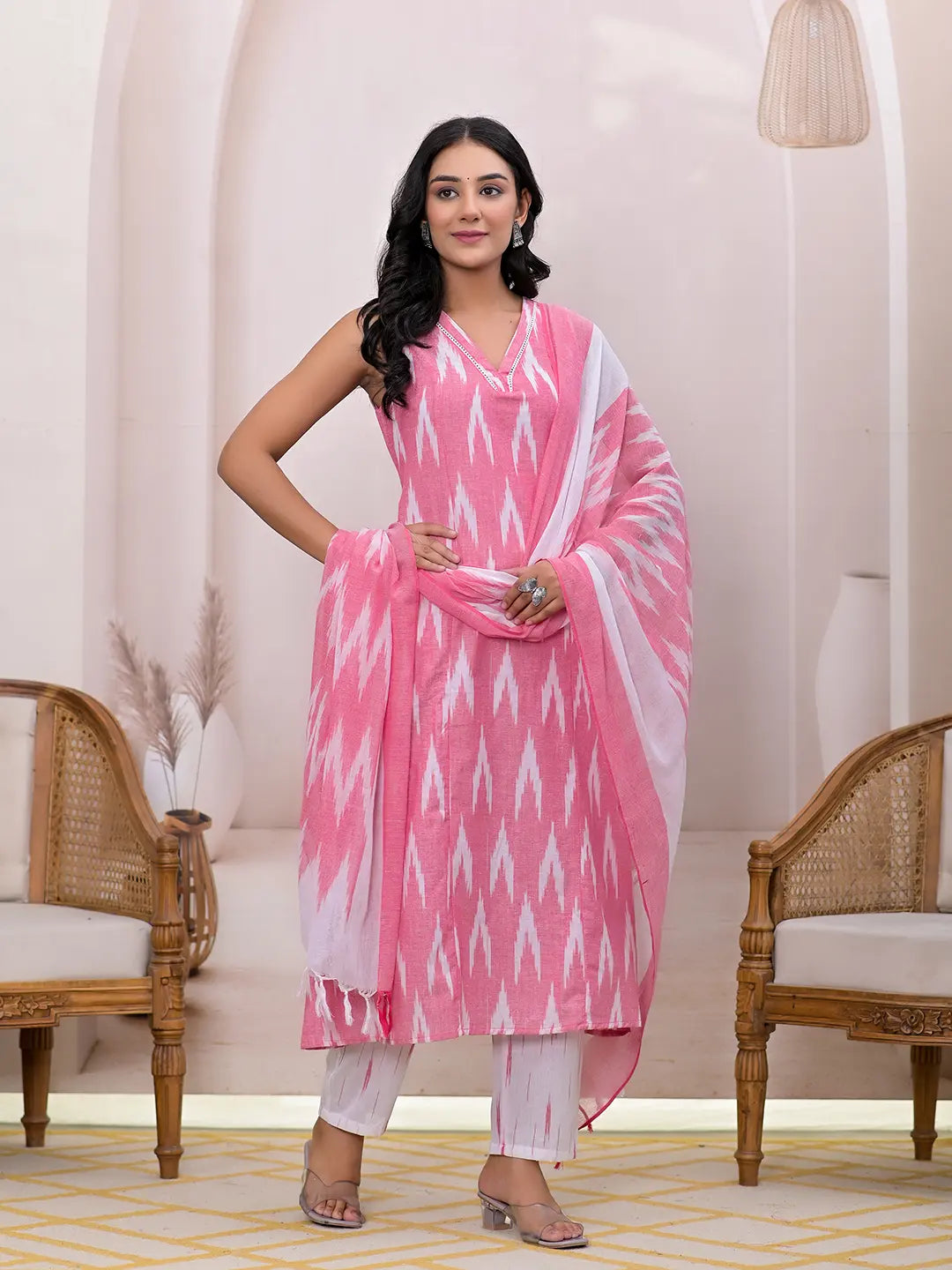 Yufta Pink Ikat Print Pure Cotton A-Line Suit Set