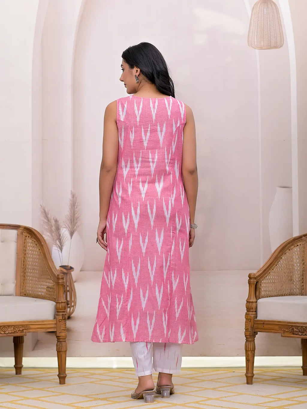 Yufta Pink Ikat Print Pure Cotton A-Line Suit Set