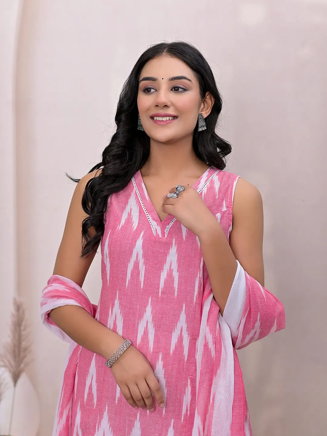 Yufta Pink Ikat Print Pure Cotton A-Line Suit Set