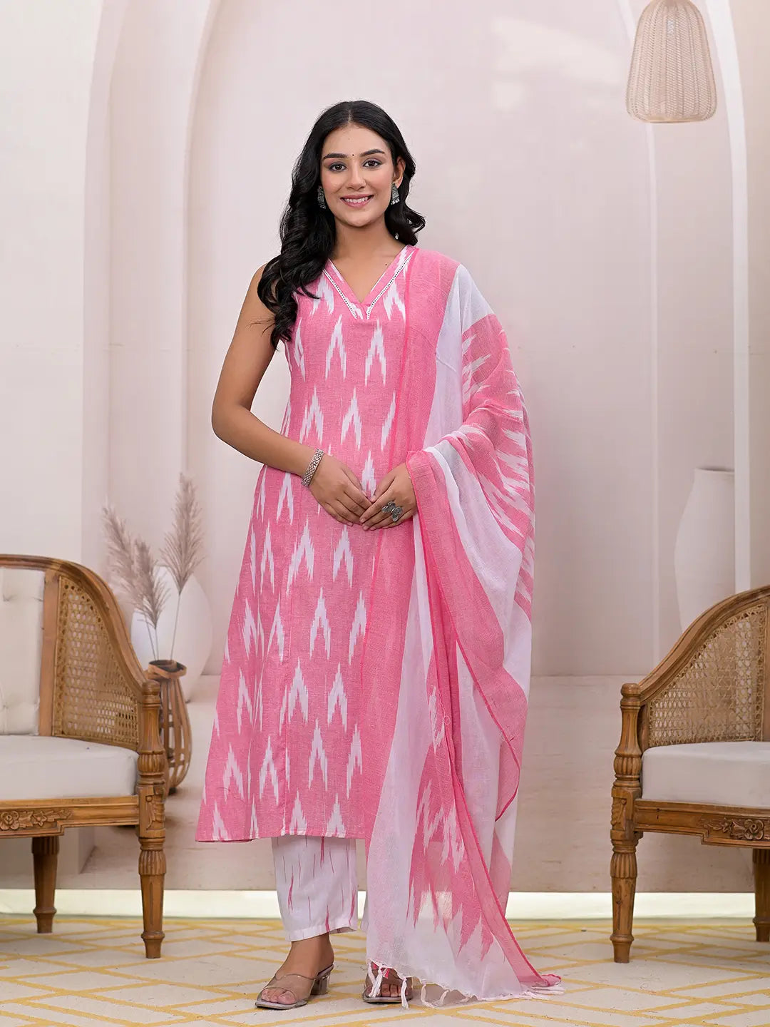 Yufta Pink Ikat Print Pure Cotton A-Line Suit Set