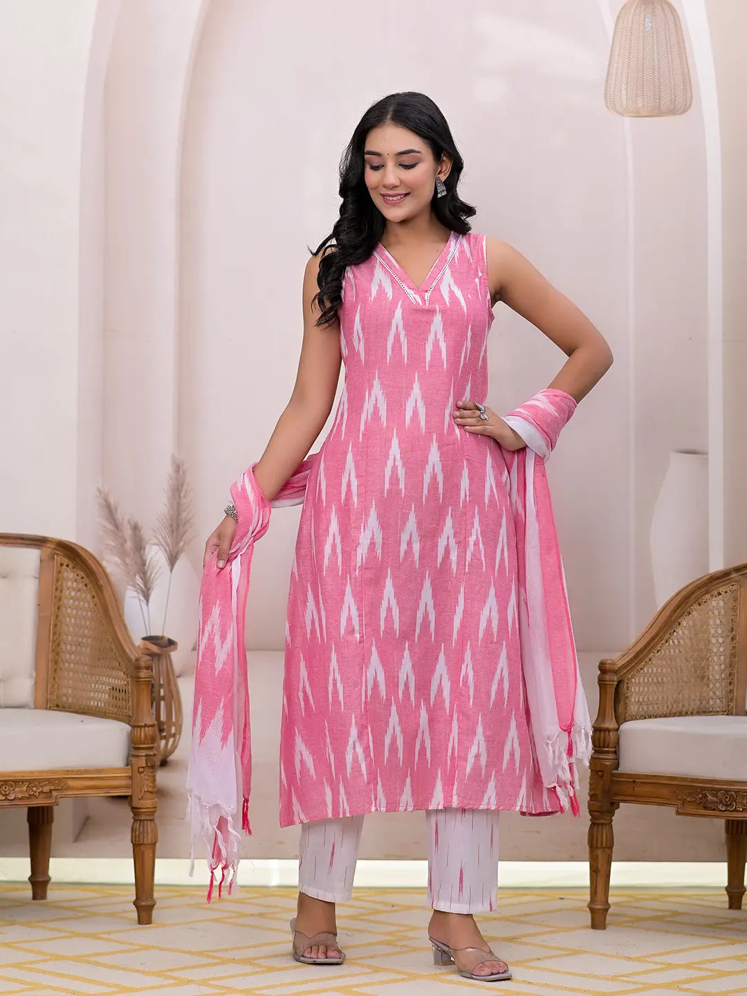 Yufta Pink Ikat Print Pure Cotton A-Line Suit Set