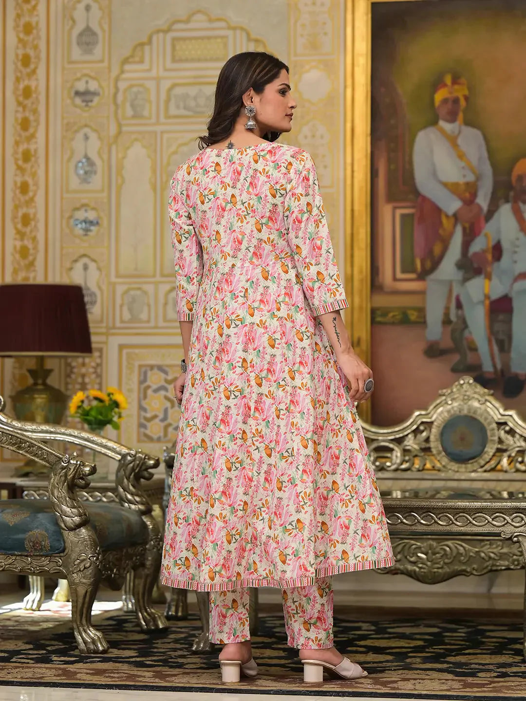 Yufta Pink Leaf Print Zari Work Anarkali Kurta Trouser With Dupatta Set