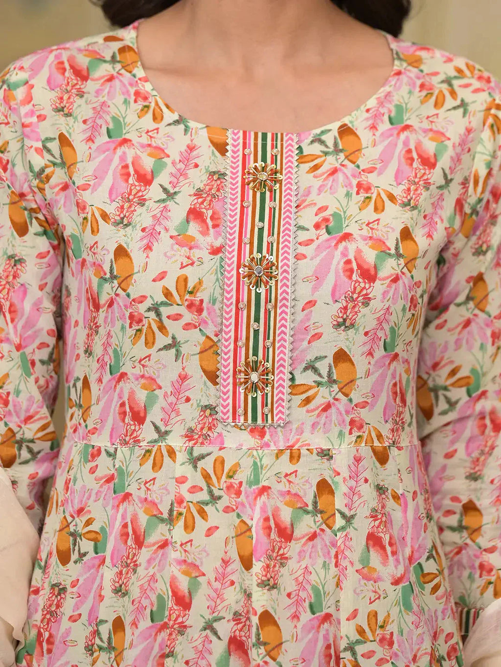 Yufta Pink Leaf Print Zari Work Anarkali Kurta Trouser With Dupatta Set