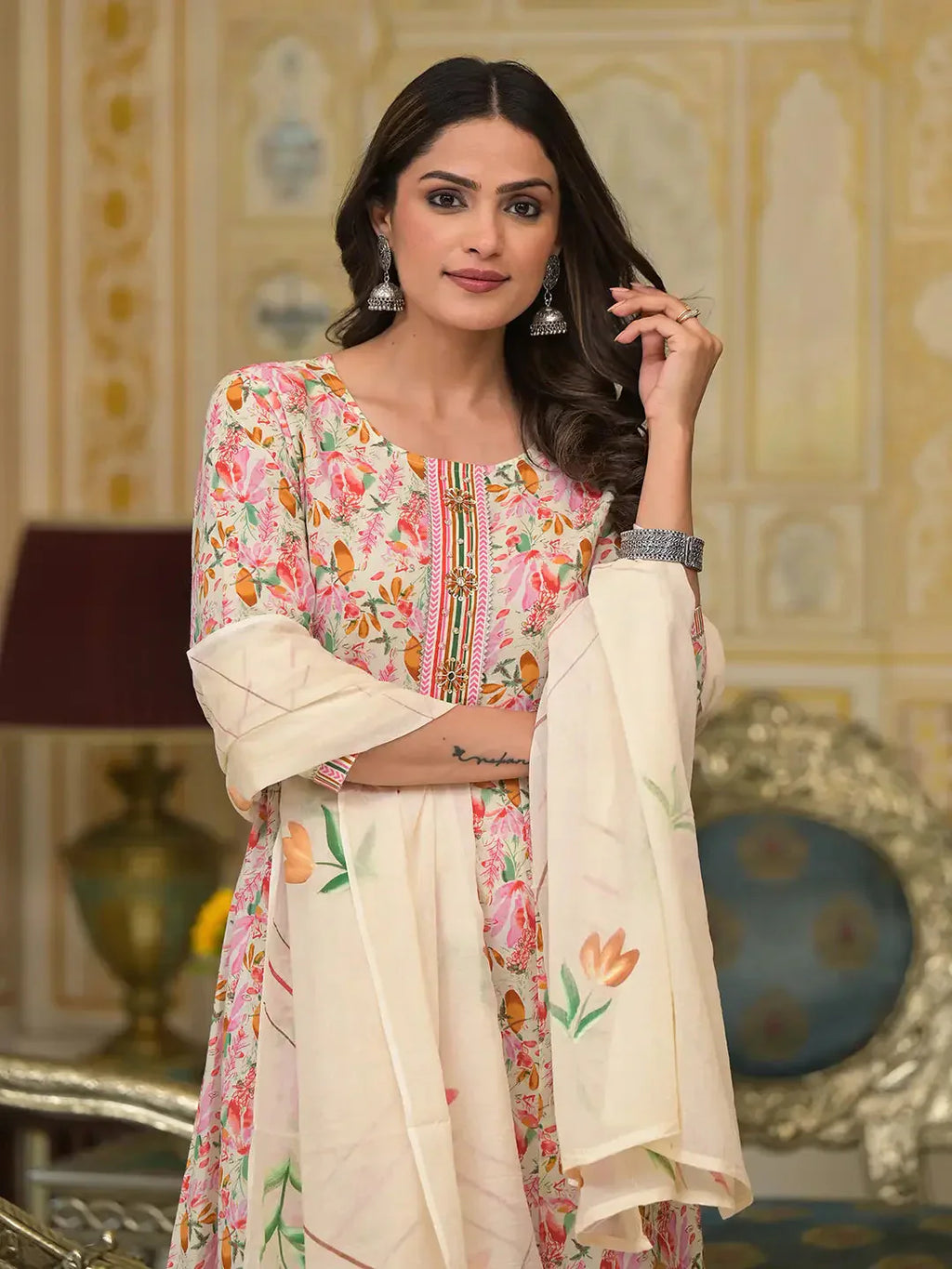 Yufta Pink Leaf Print Zari Work Anarkali Kurta Trouser With Dupatta Set