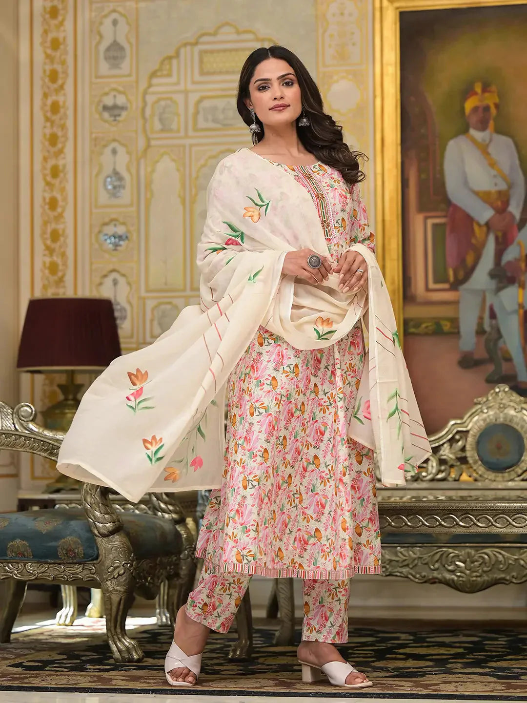Yufta Pink Leaf Print Zari Work Anarkali Kurta Trouser With Dupatta Set