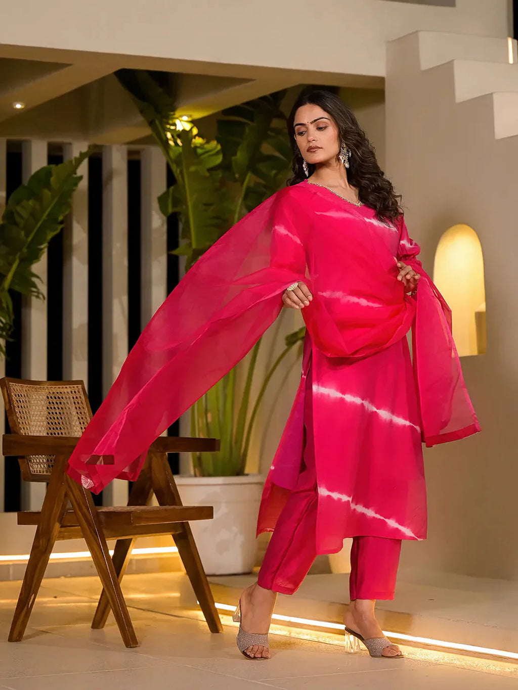 Yufta Pink Tie And Dye Chanderi Silk Kurta With Trousers With Dupatta Set