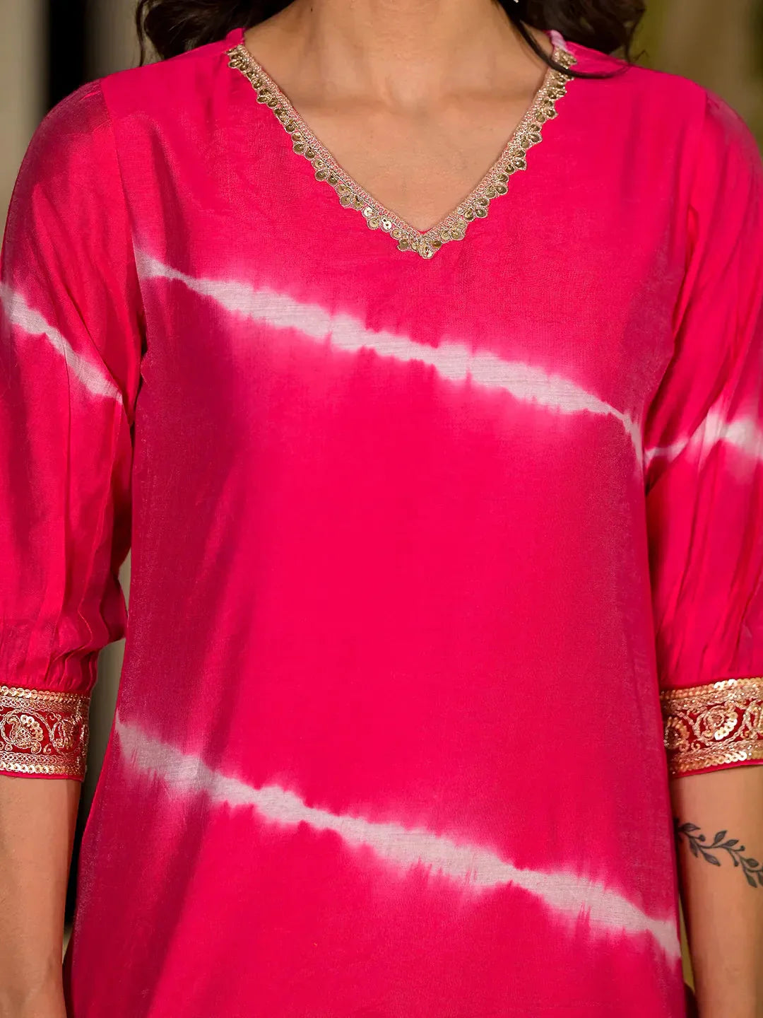 Yufta Pink Tie And Dye Chanderi Silk Kurta With Trousers With Dupatta Set