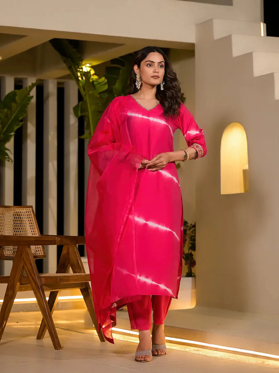 Yufta Pink Tie And Dye Chanderi Silk Kurta With Trousers With Dupatta Set