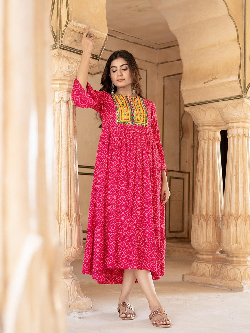Yufta Pink & Yellow Ethnic Motifs Ethnic Dress