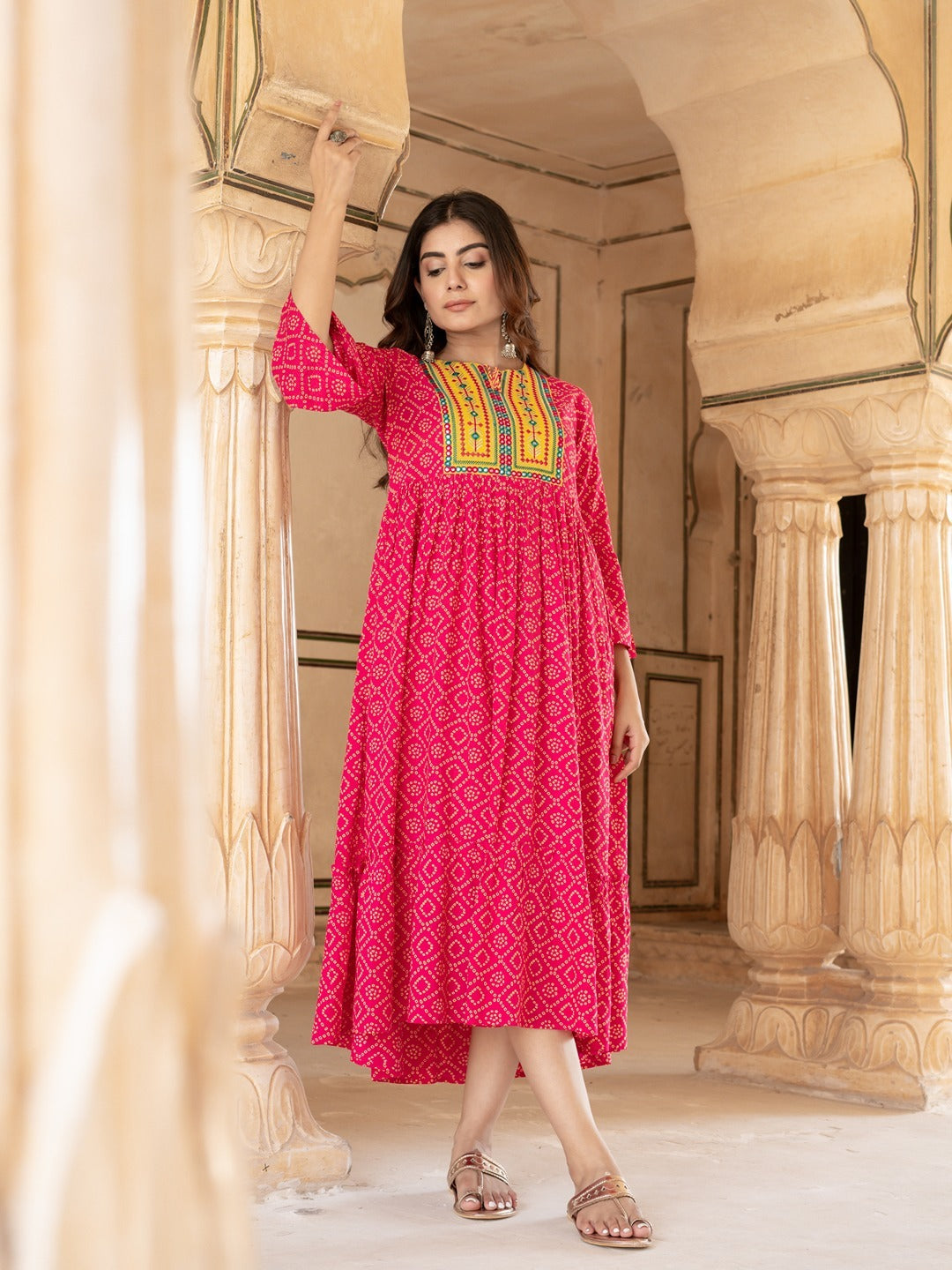 Yufta Pink & Yellow Ethnic Motifs Ethnic Dress