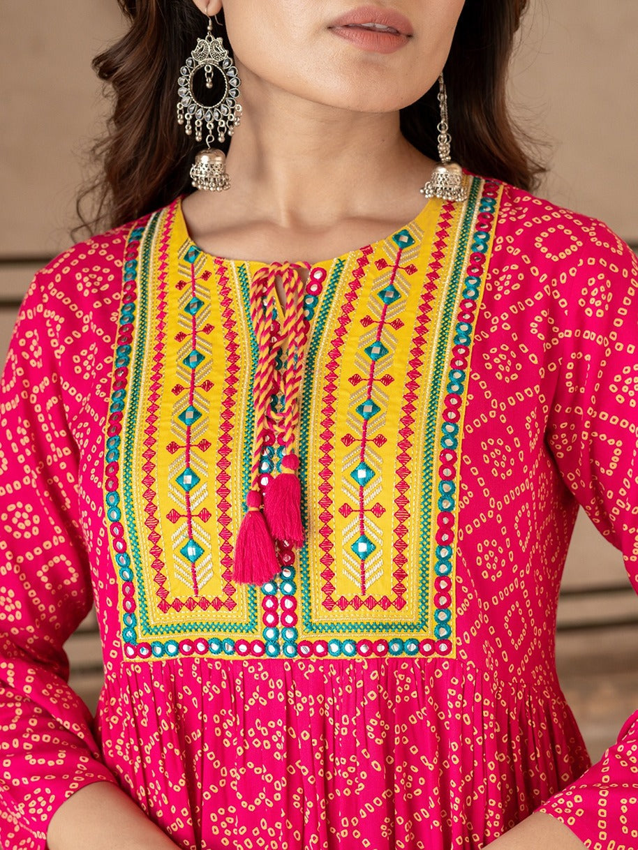 Yufta Pink & Yellow Ethnic Motifs Ethnic Dress