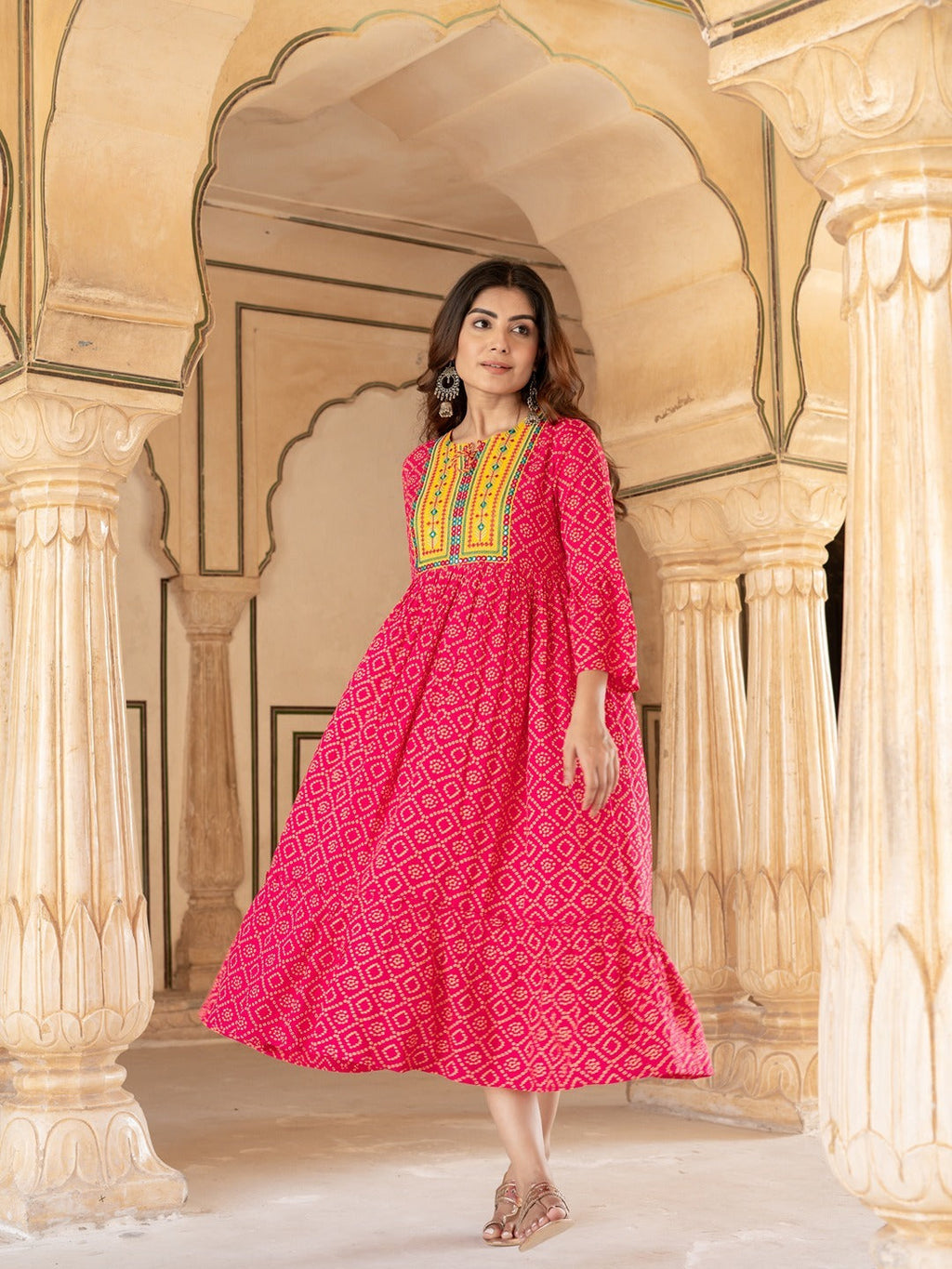 Yufta Pink & Yellow Ethnic Motifs Ethnic Dress