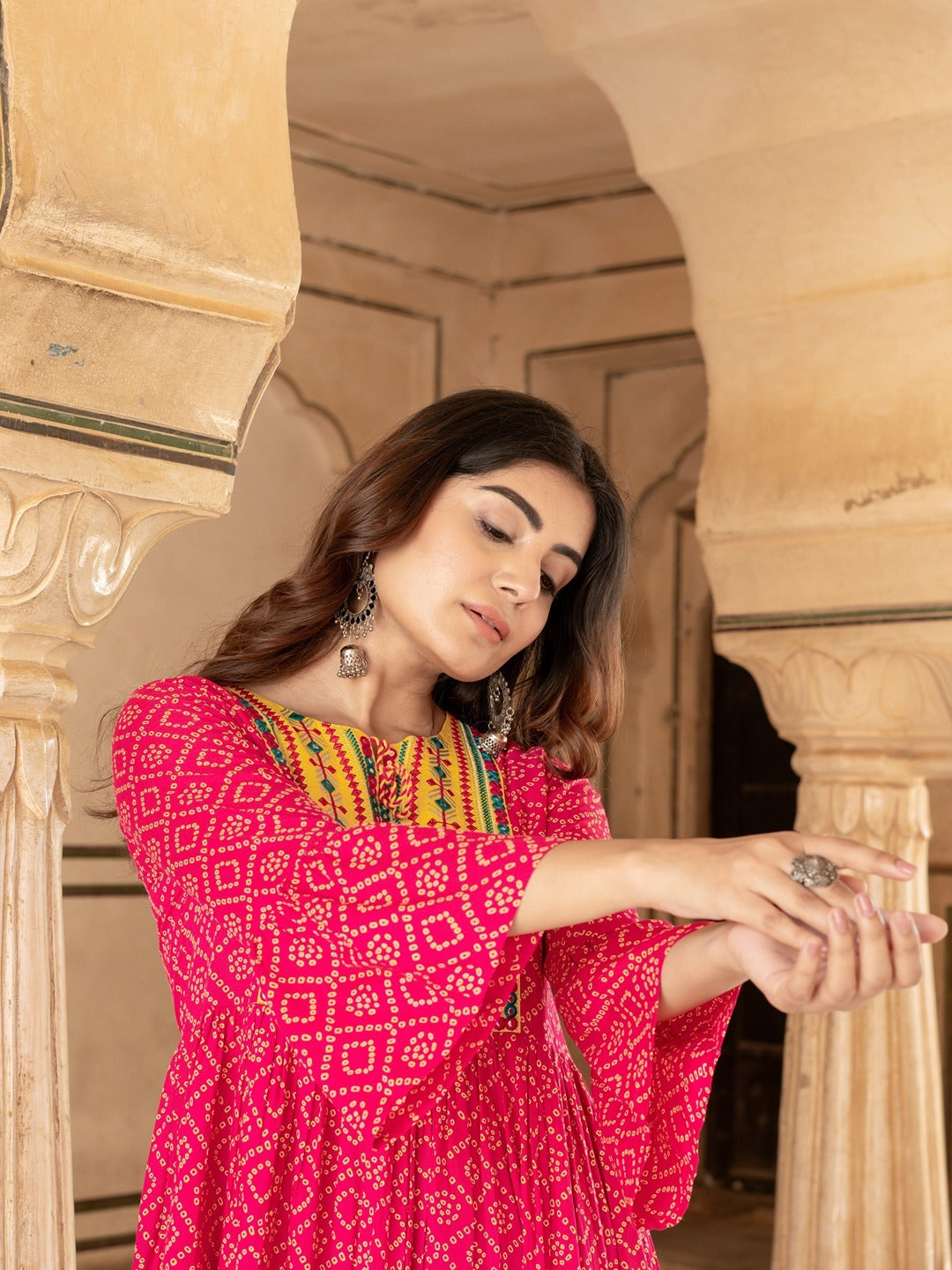 Yufta Pink & Yellow Ethnic Motifs Ethnic Dress