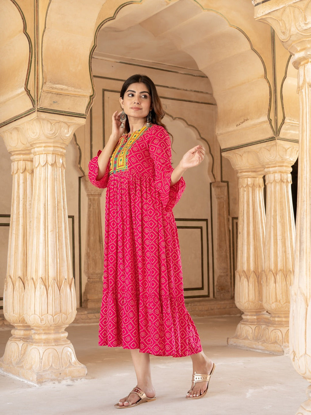Yufta Pink & Yellow Ethnic Motifs Ethnic Dress