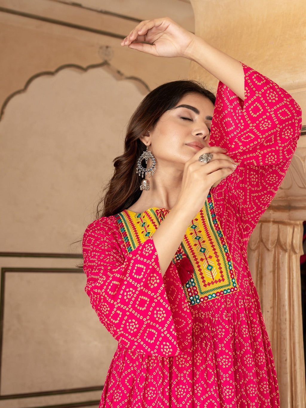Yufta Pink & Yellow Ethnic Motifs Ethnic Dress