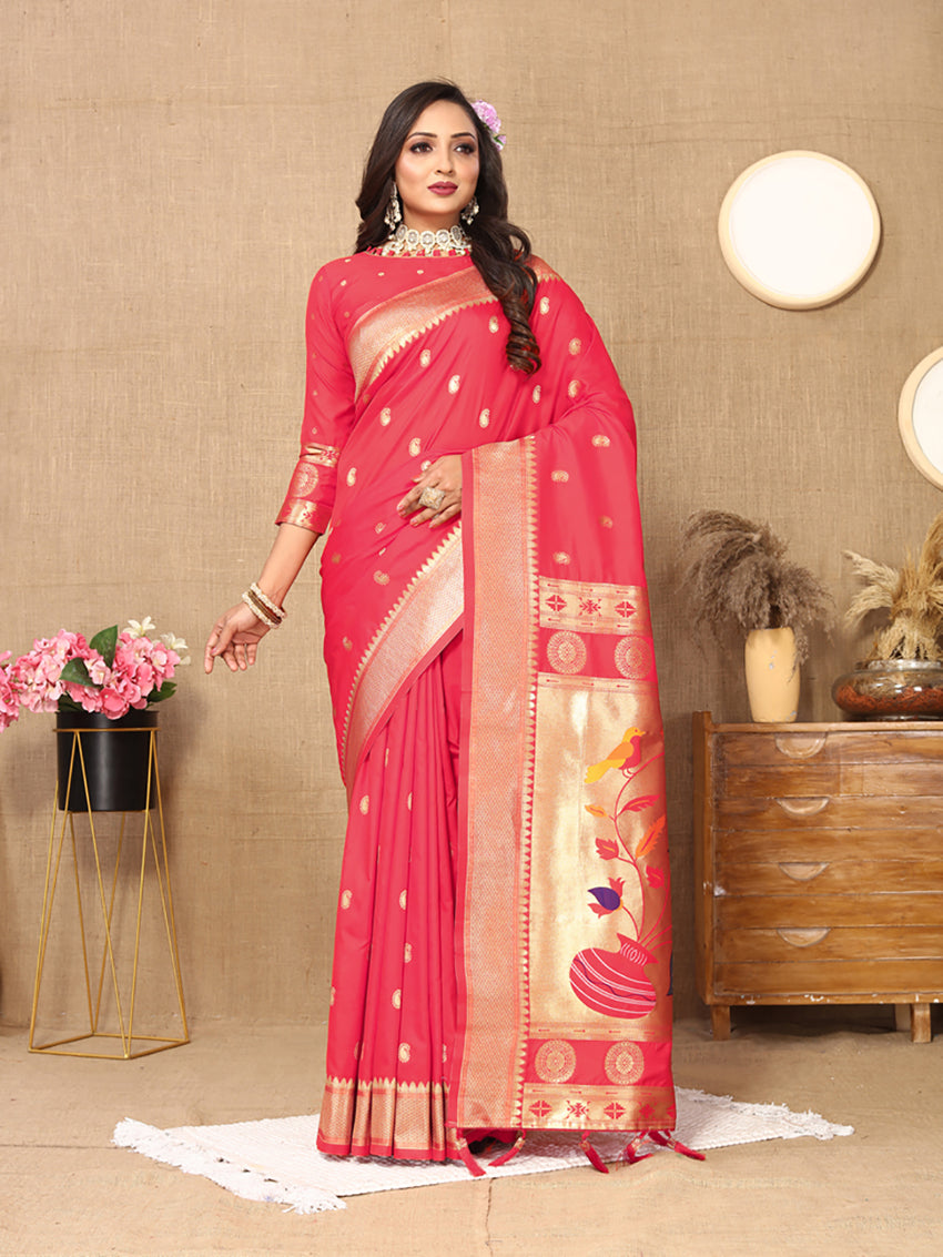 Lorenvalley Fashion Pink Soft Paithani Silk Woven Design Rich Zari Meenakari Weaving Saree