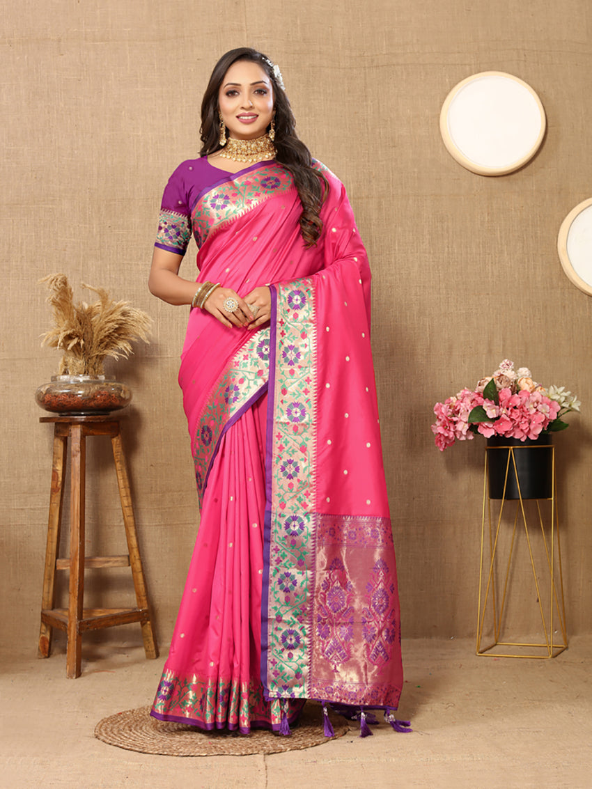 Lorenvalley Fashion Pink Soft Paithani Silk Woven Design Rich Meenakari Zari Weaving Pallu Saree