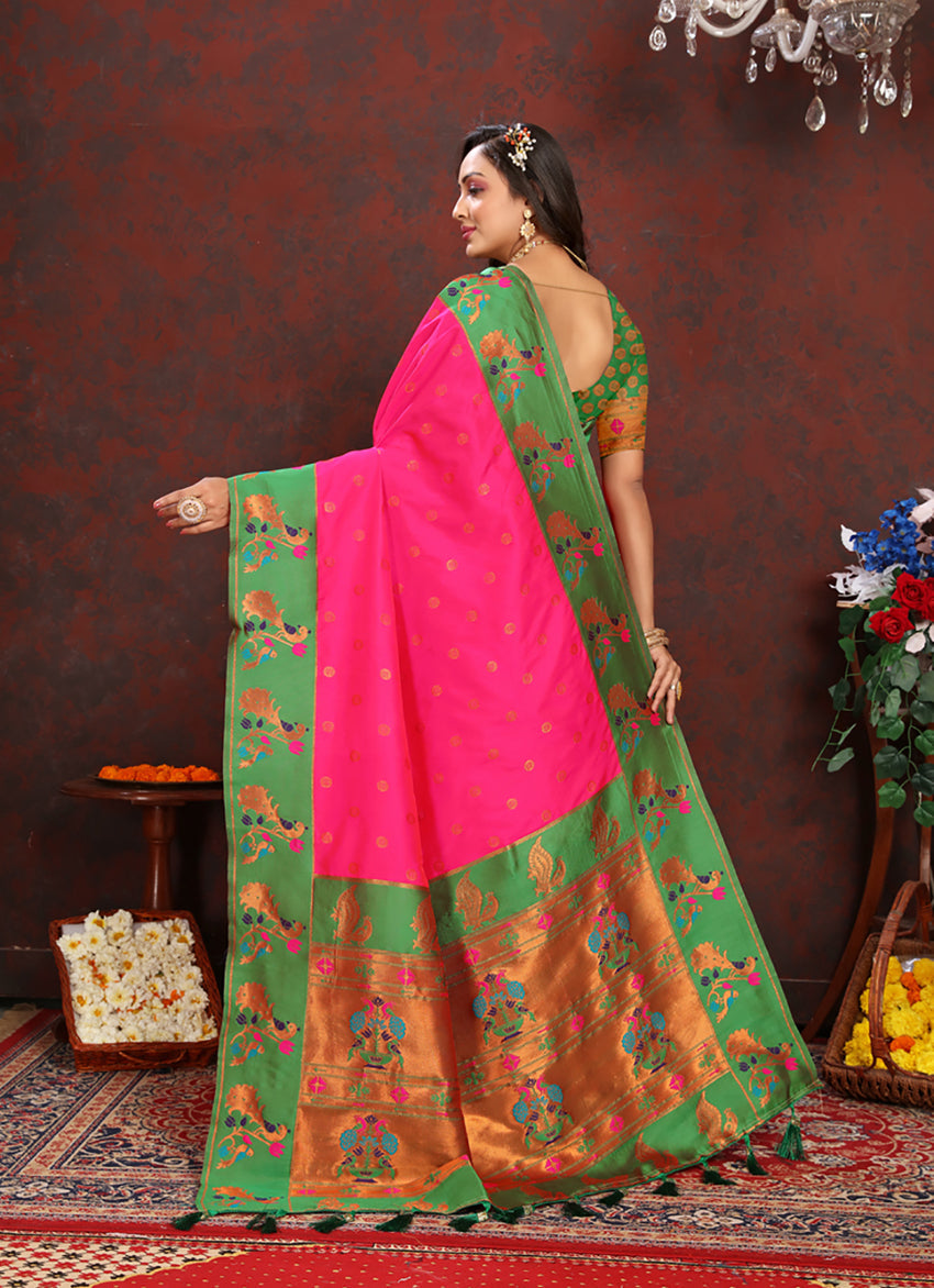 Lorenvalley Fashion Pink Soft Paithani Silk Woven Design Rich Zari Meenakari Weaving Saree