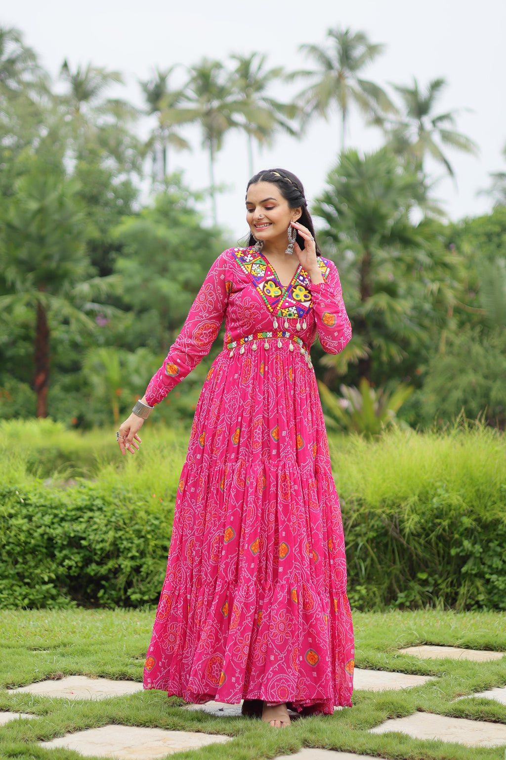 Lorenvalley Pink Faux Georgette Bandhani Print Work With Kutchi Patch Work Gown