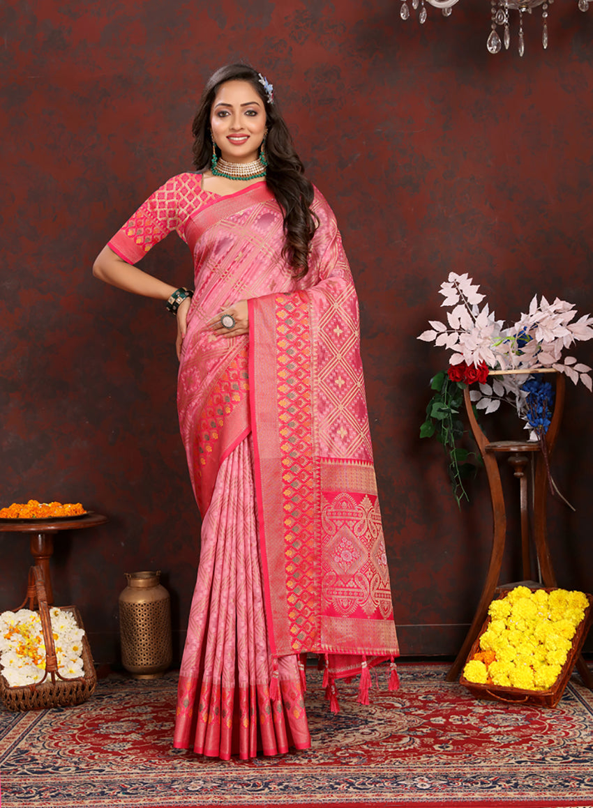 Lorenvalley Fashion Pink Organza Silk Woven Design with Rich Meenakari Weaving Pallu Saree