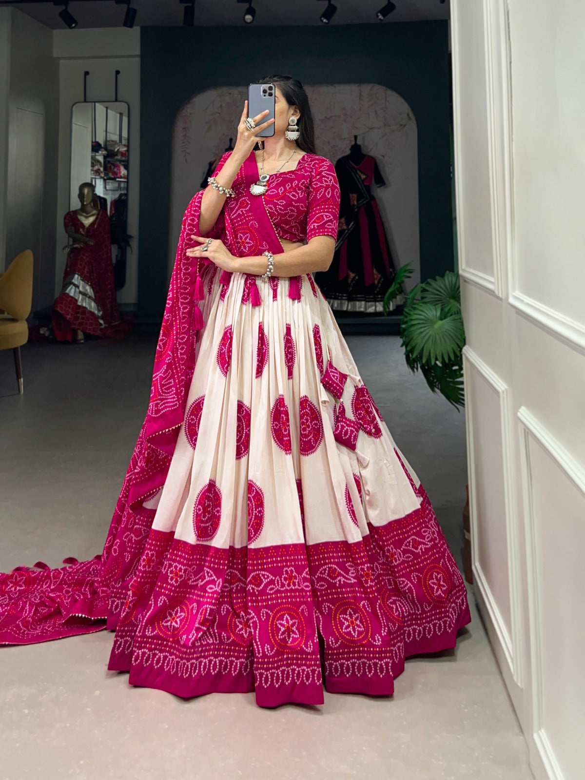 Lorenvalley Pink Tussar Silk with Bandhej Print Lehenga Choli