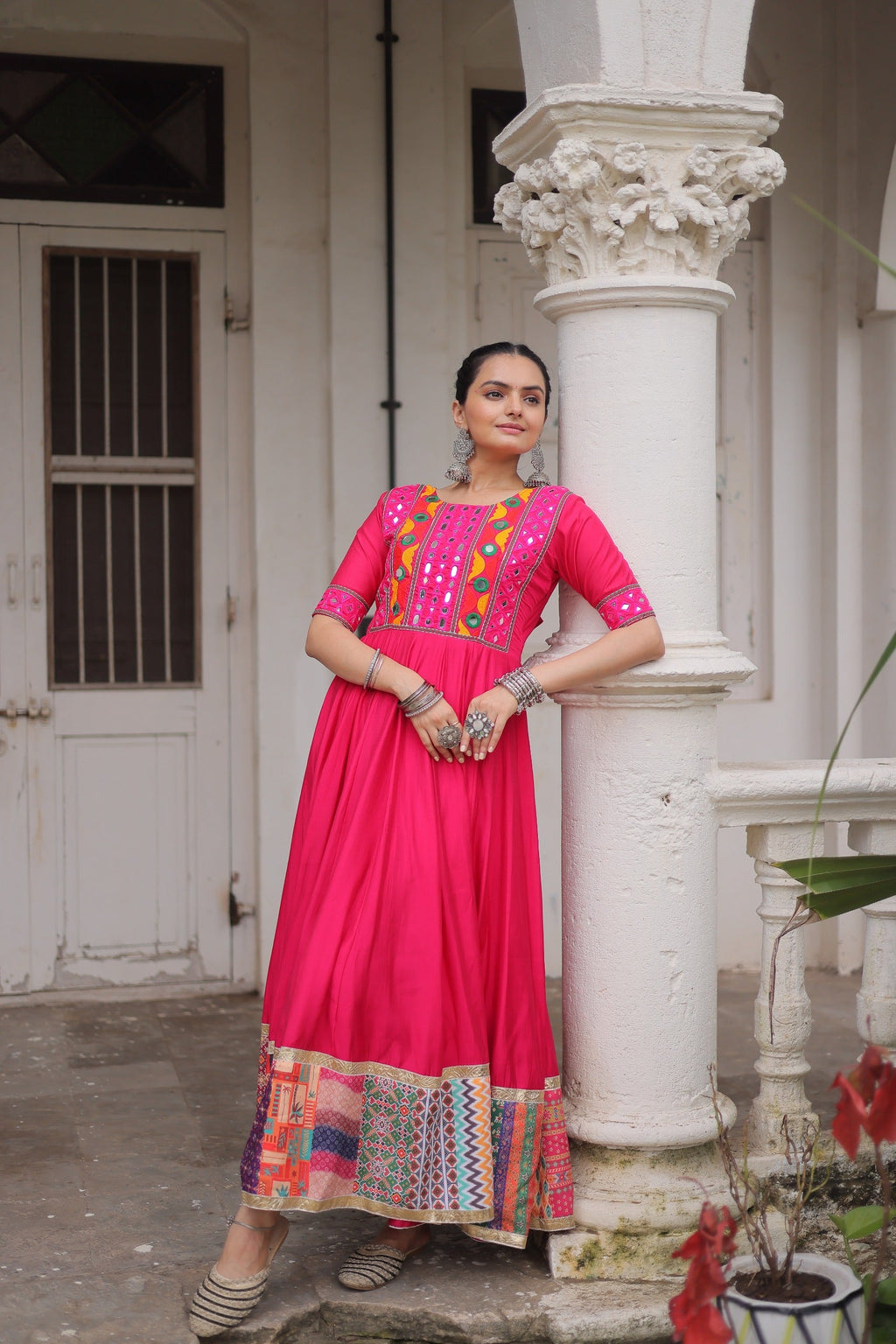 Lorenvalley Fashion Pink Roman Silk with Thread with mirror work & Maslin Crochet Print Work Gown