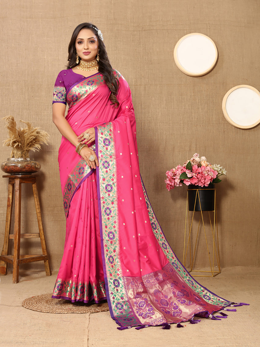 Lorenvalley Fashion Pink Soft Paithani Silk Woven Design Rich Meenakari Zari Weaving Pallu Saree