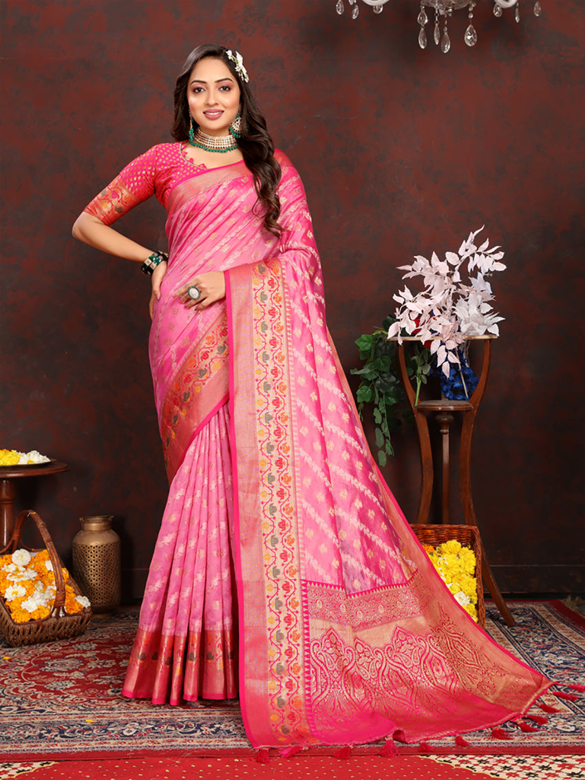 Lorenvalley Fashion Pink Organza Silk Woven Design with Rich Meenakari Weaving Pallu Saree
