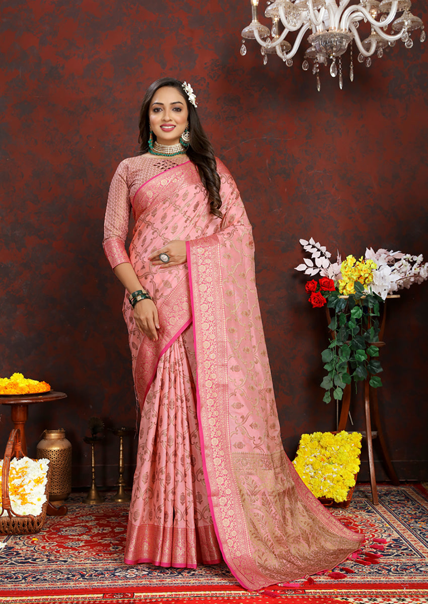 Lorenvalley Fashion Pink Soft Katan Silk Woven Design Rich Zari Weaving Pallu Saree