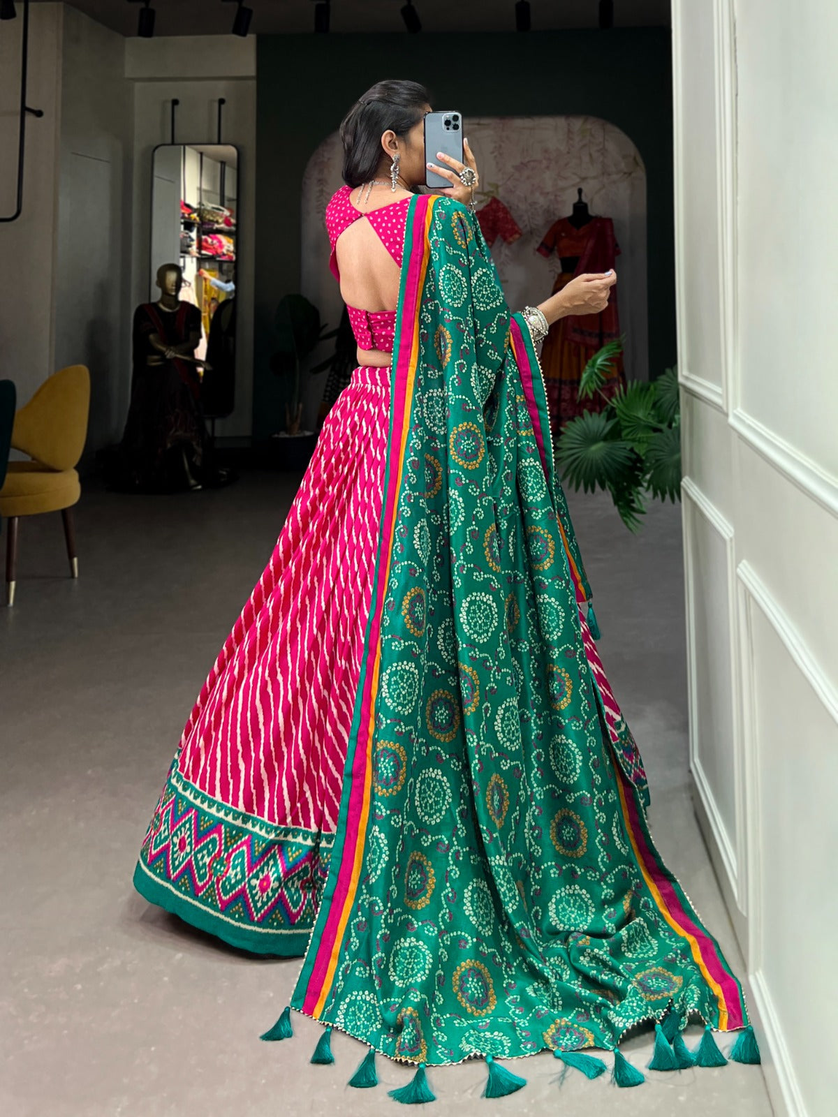 Lorenvalley Pink Tussar Silk Lehenga Leheriya Patola Print Border With Choli Bandhej Print With Bandhej Print Gotta Patti Lace Border Dupatta