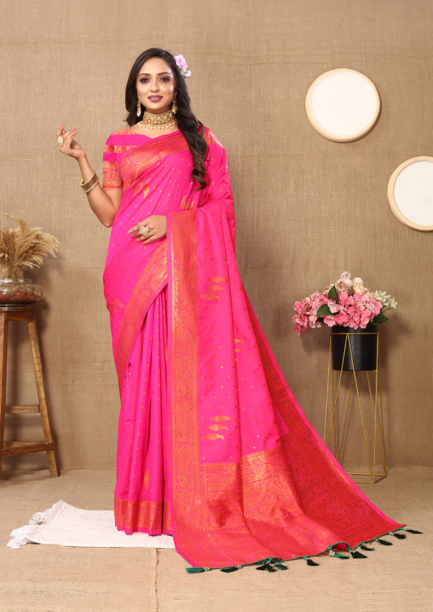 Lorenvalley Fashion Pink Soft Silk Copper Zari weaving Design Saree