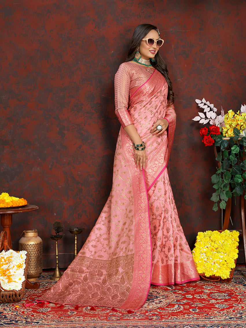 Lorenvalley Fashion Pink Soft Katan Silk Woven Design Rich Zari Weaving Pallu Saree
