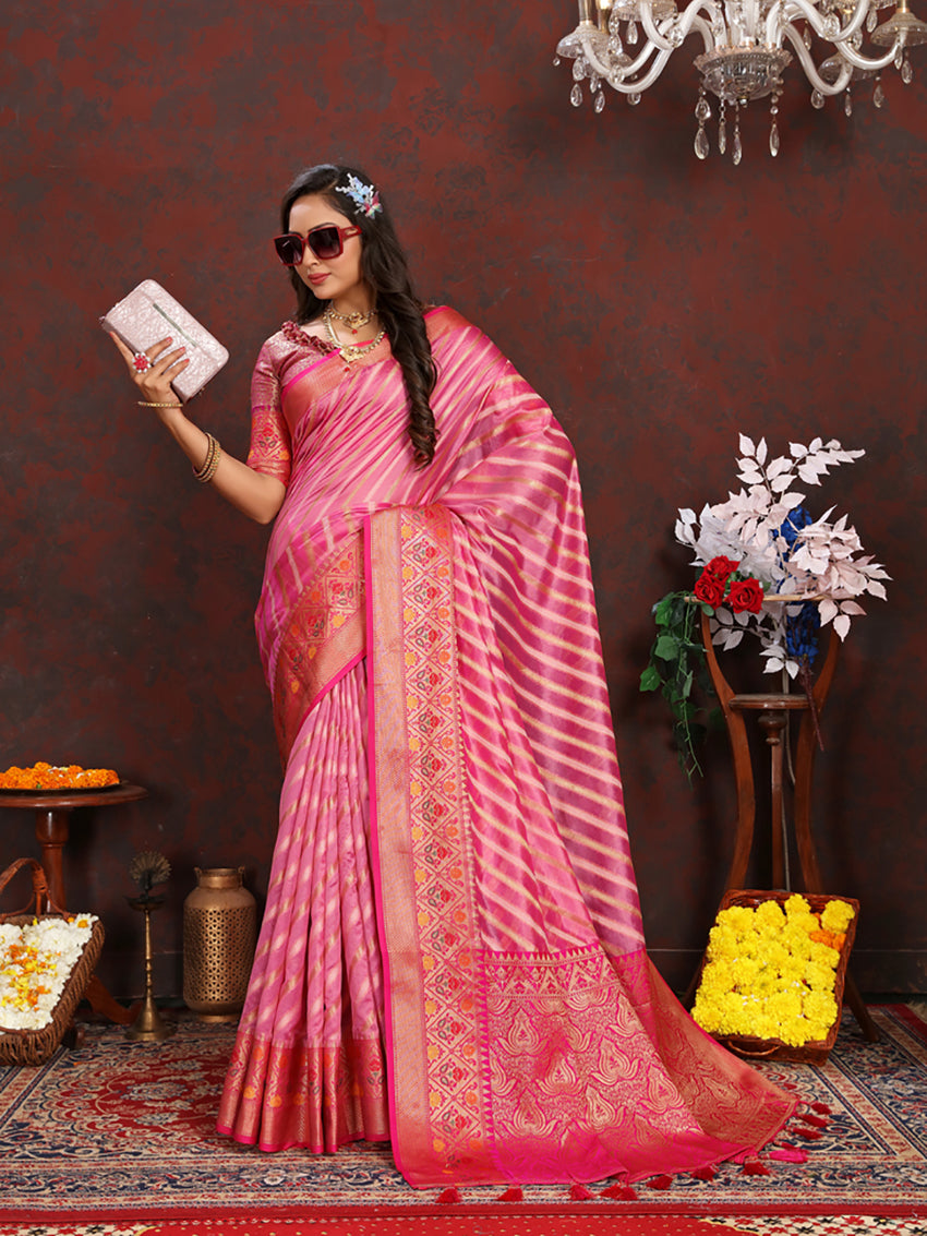 Lorenvalley Fashion Pink Organza Silk Woven Design with Rich Meenakari Weaving Pallu Saree