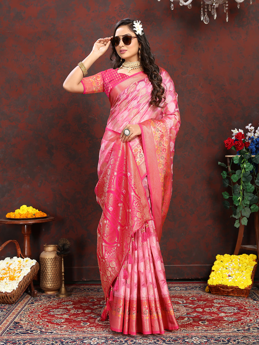 Lorenvalley Fashion Pink Organza Silk Woven Design with Rich Meenakari Weaving Pallu Saree