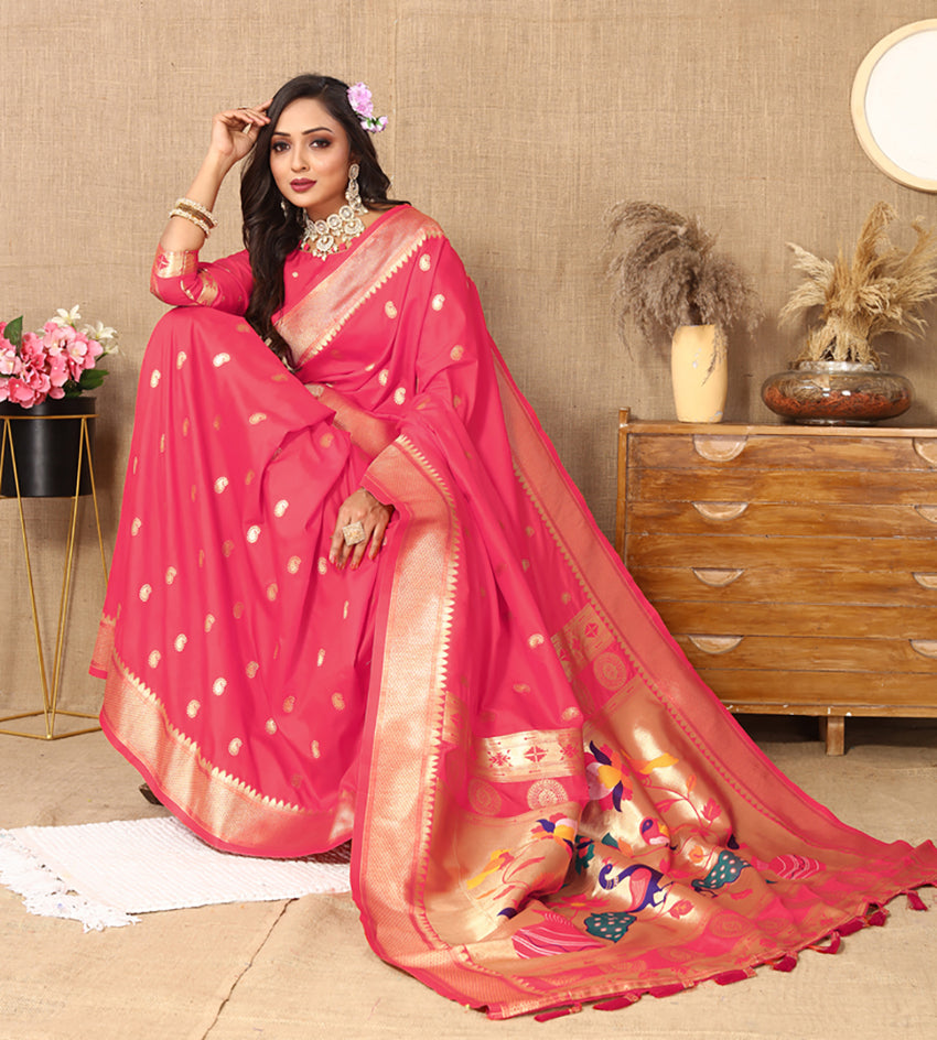 Lorenvalley Fashion Pink Soft Paithani Silk Woven Design Rich Zari Meenakari Weaving Saree