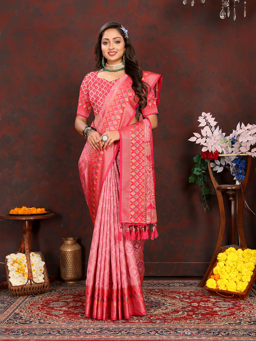 Lorenvalley Fashion Pink Organza Silk Woven Design with Rich Meenakari Weaving Pallu Saree
