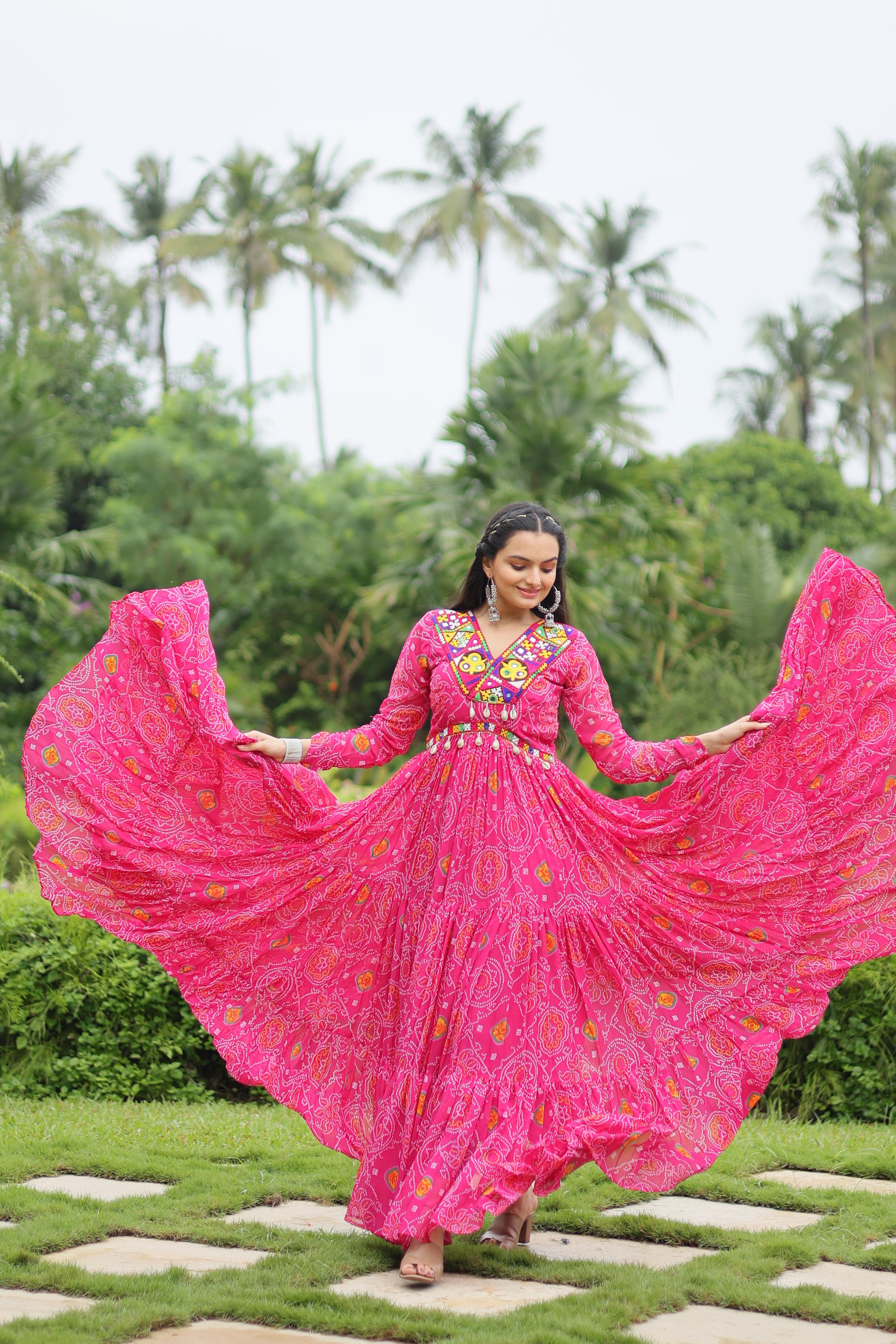 Lorenvalley Pink Faux Georgette Bandhani Print Work With Kutchi Patch Work Gown