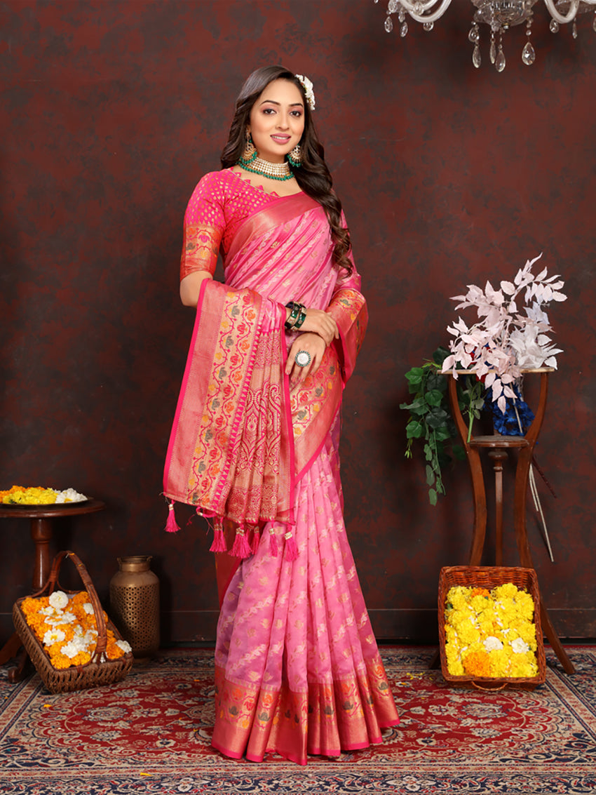 Lorenvalley Fashion Pink Organza Silk Woven Design with Rich Meenakari Weaving Pallu Saree